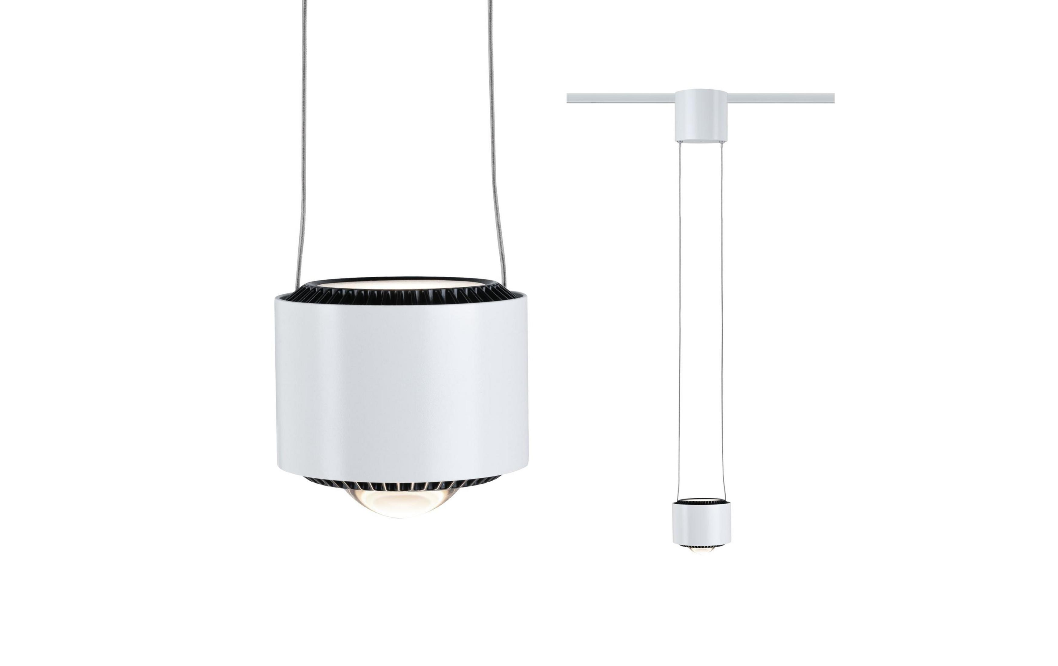 Biała lampa wisząca cylindryczna z czarną, prążkowaną górą i dołem, zawieszona na kablu.