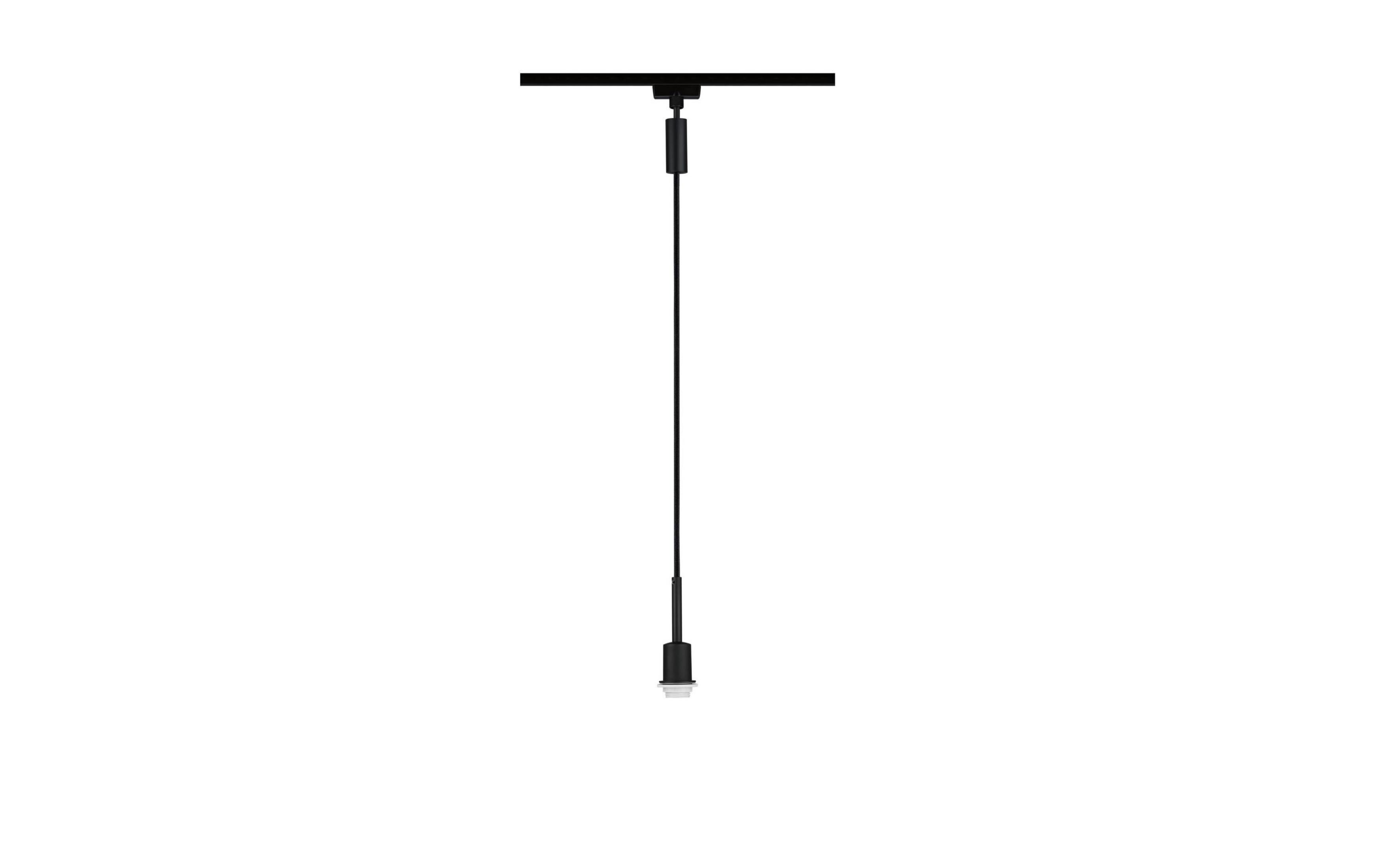 Schwarze Pendelleuchte mit Kabel und Fassung an einer Schiene.