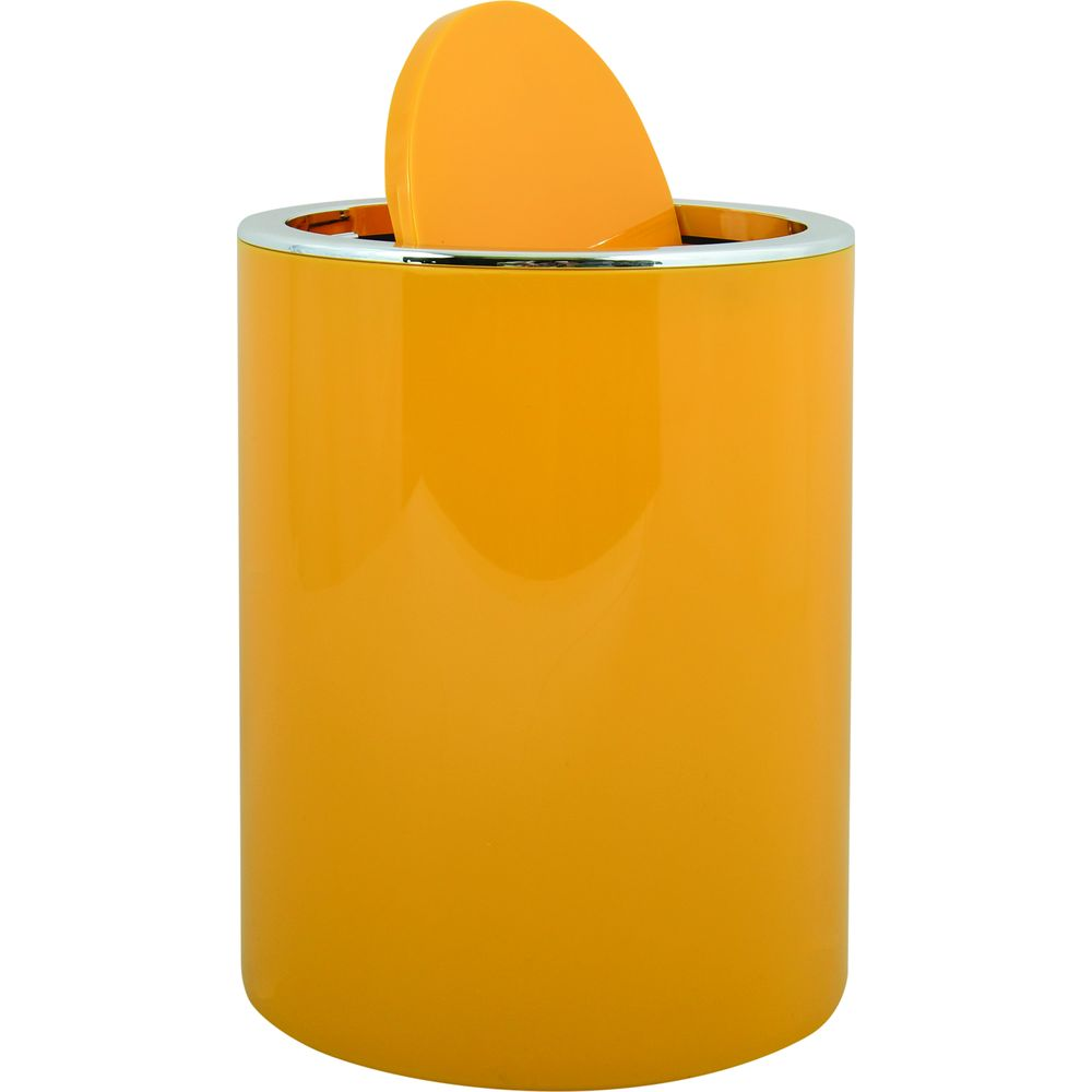 Ein orangefarbener Mülleimer mit silbernem Rand und einer runden orangefarbenen Klappe oben.