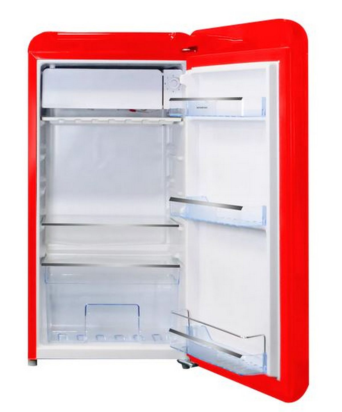 Un frigorífico rojo con la puerta abierta, vacío y limpio.