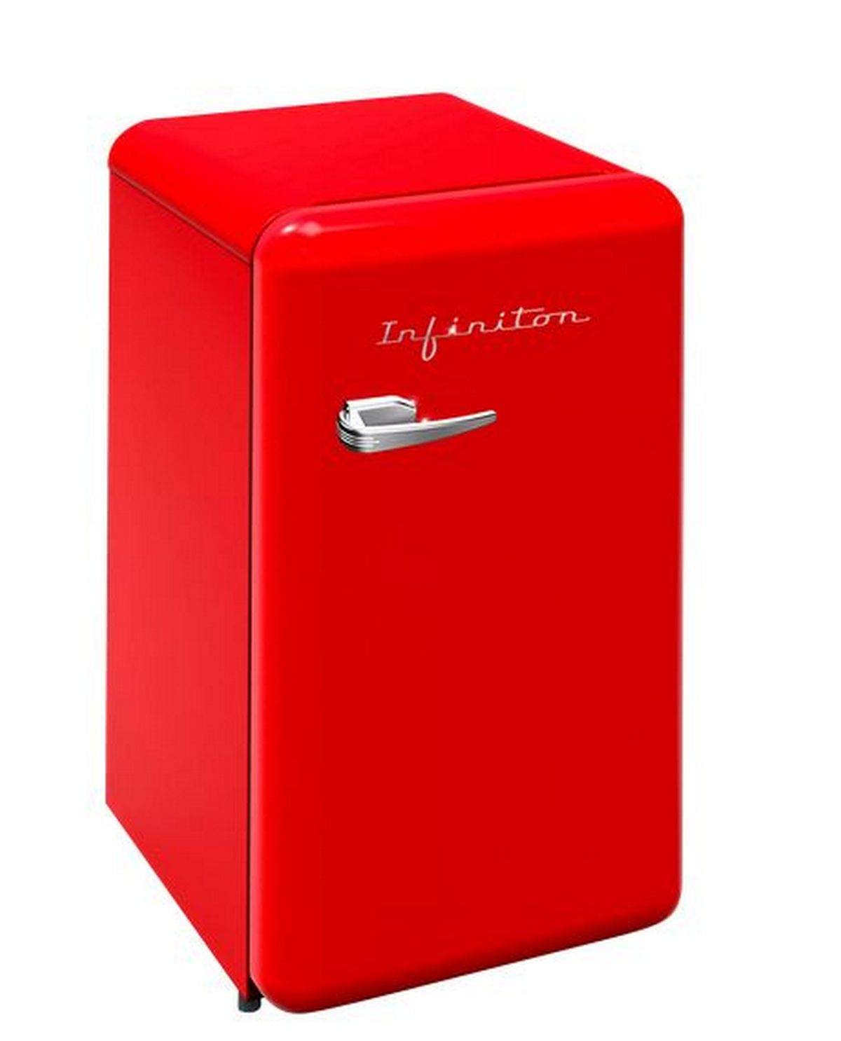 Un refrigerador rojo estilo retro con asa plateada y logo escrito.
