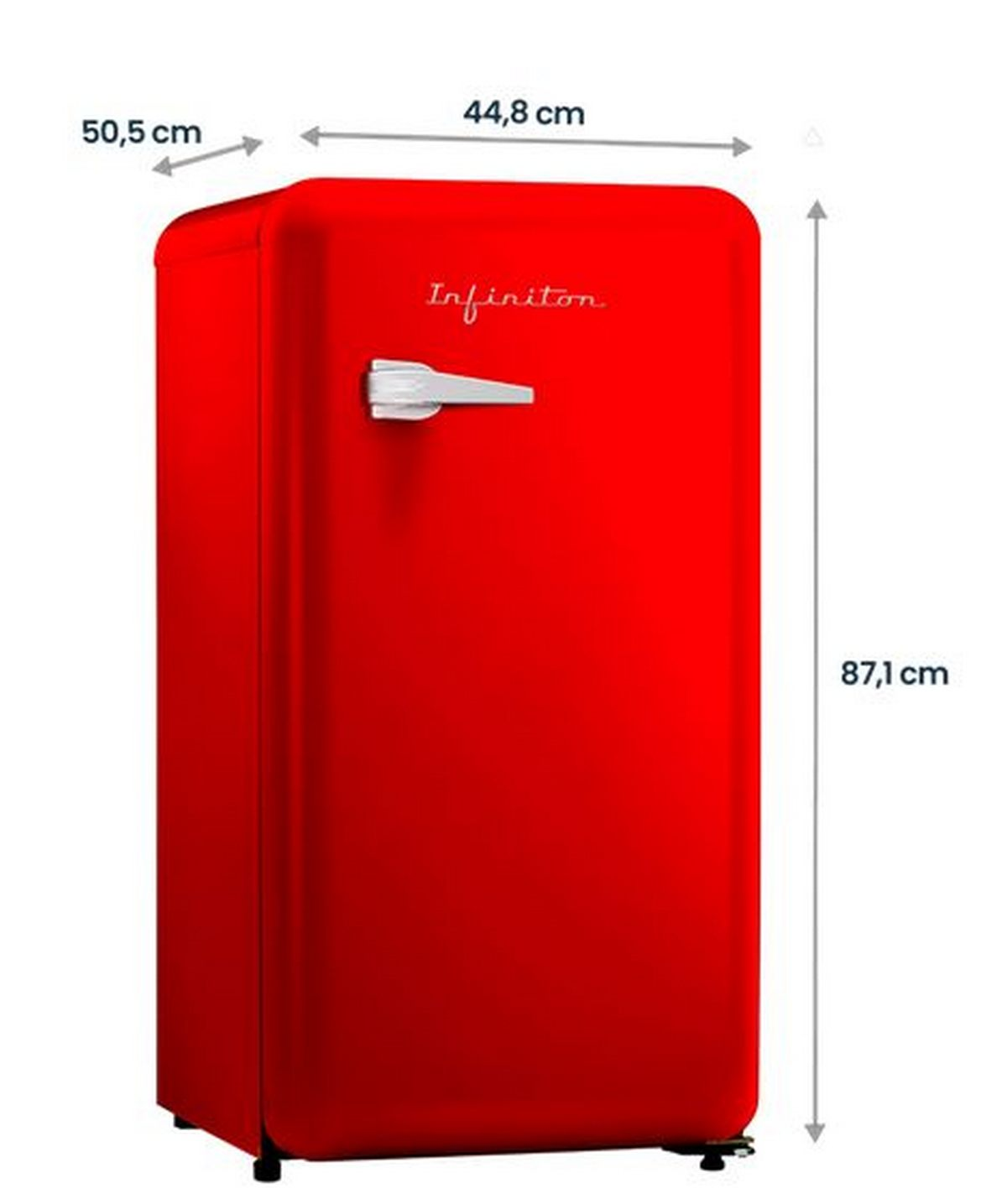 Refrigerador rojo con asa plateada, dimensiones 44,8 x 50,5 x 87,1 cm.