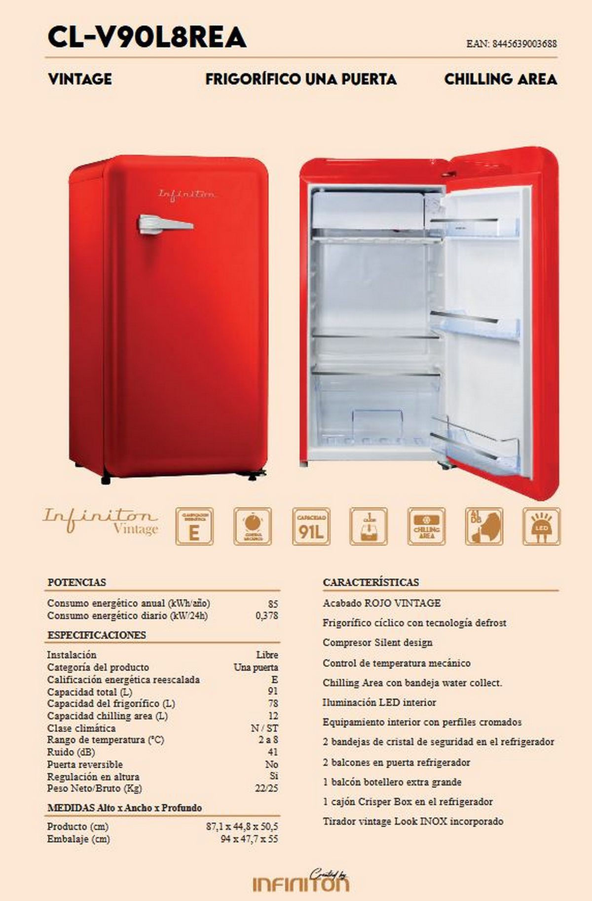 Refrigerador rojo vintage, una puerta abierta, mostrando estantes y cajones interiores.