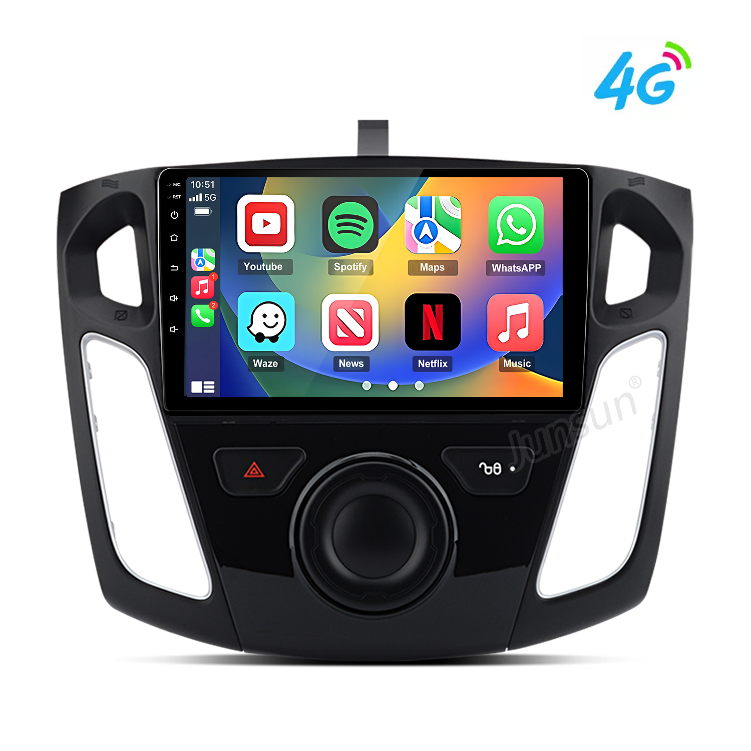 Touchscreen autoradio con icone di app: YouTube, Spotify, Mappe, WhatsApp, Waze, Notizie, Netflix, Musica.