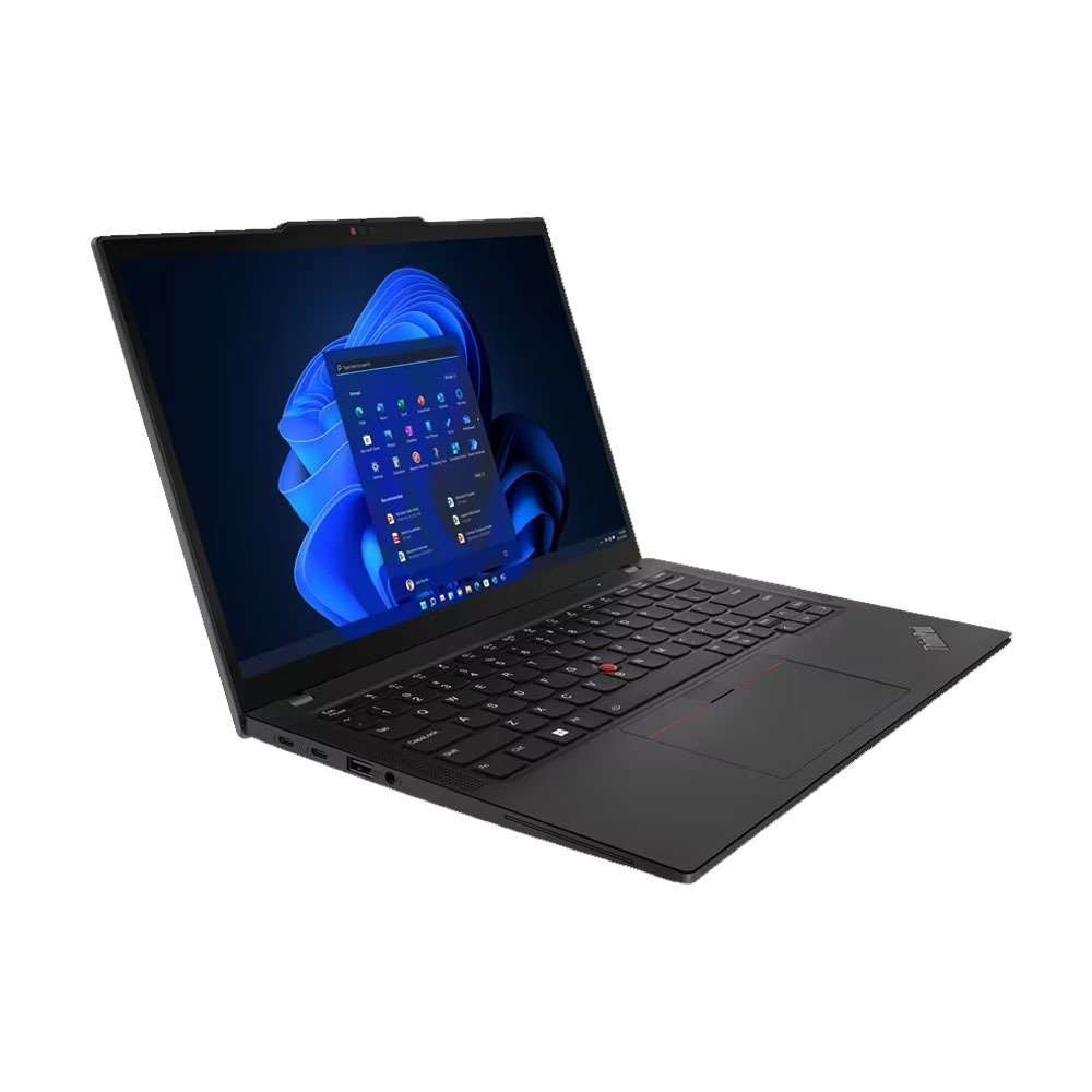 Ordinateur portable noir avec écran ouvert, affichant un fond d'écran bleu.