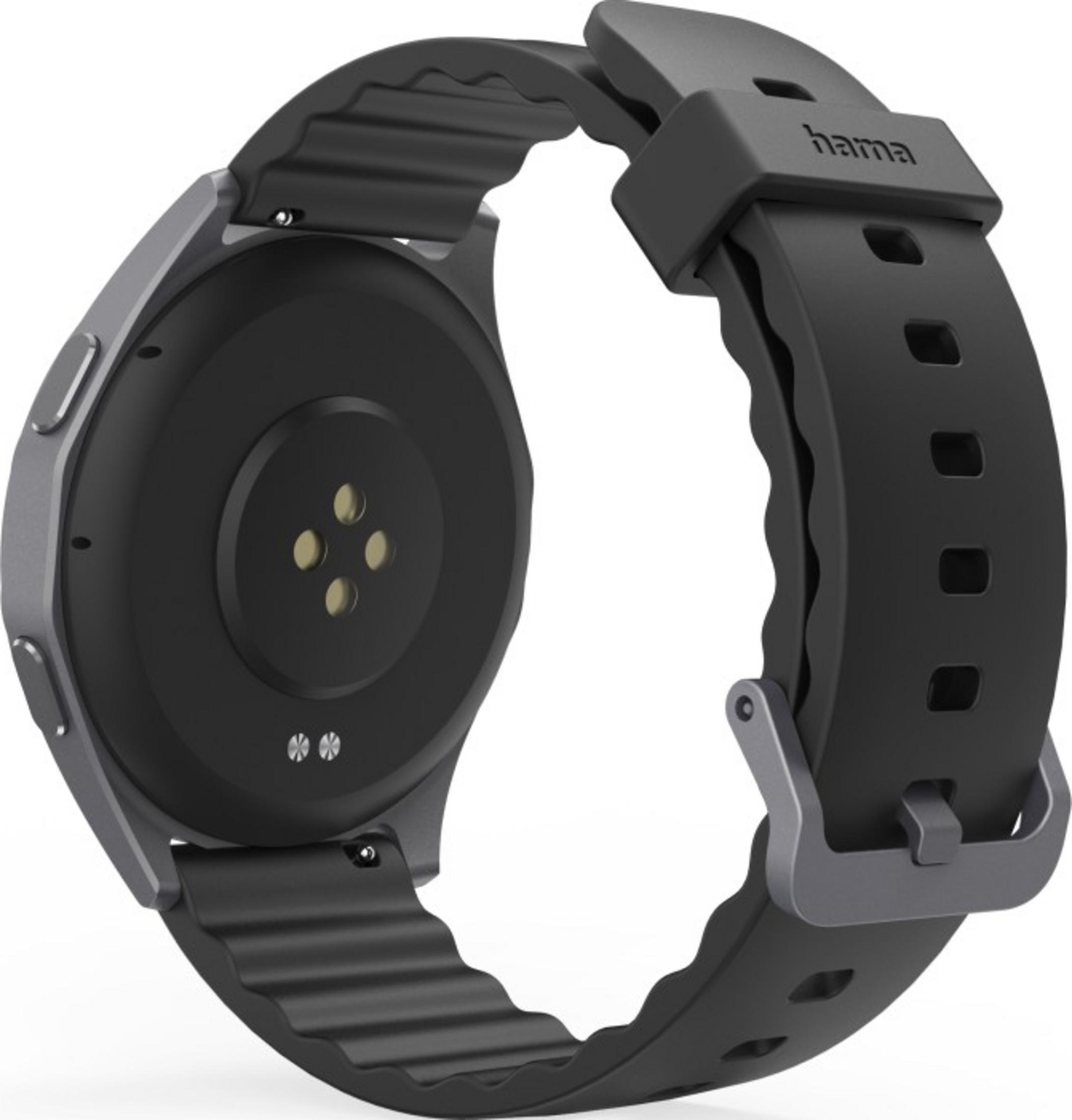 Vue arrière d'une montre connectée noire avec boîtier et bracelet argentés.