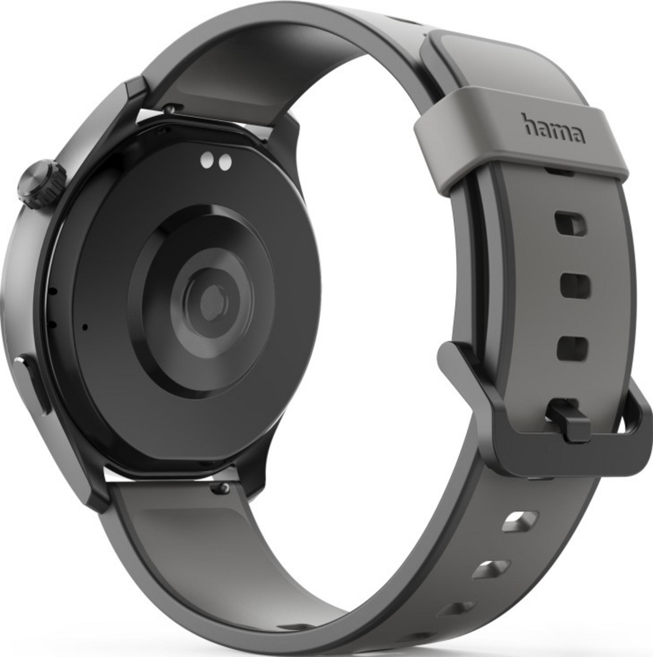 Rückseite einer schwarzen Smartwatch mit grauem Armband und Hama-Logo.