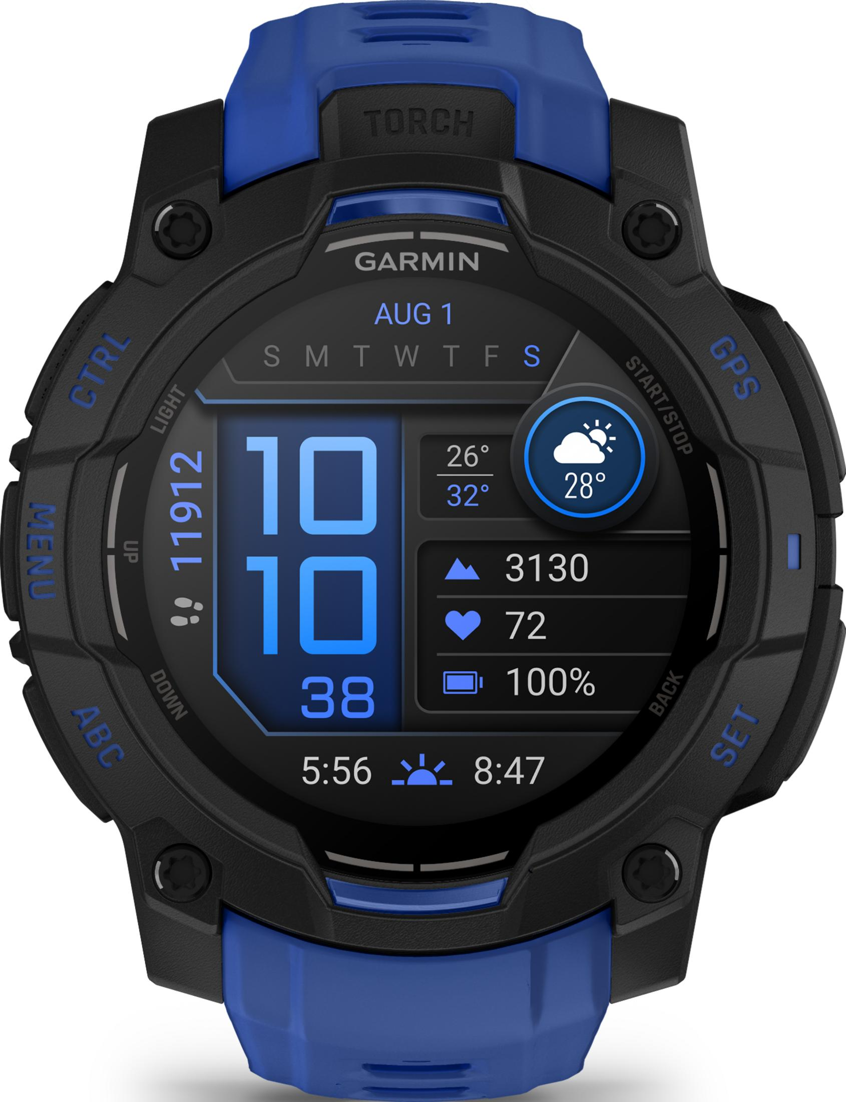 Eine schwarze und blaue Garmin-Smartwatch zeigt Datum, Uhrzeit, Wetter und Fitnessdaten.