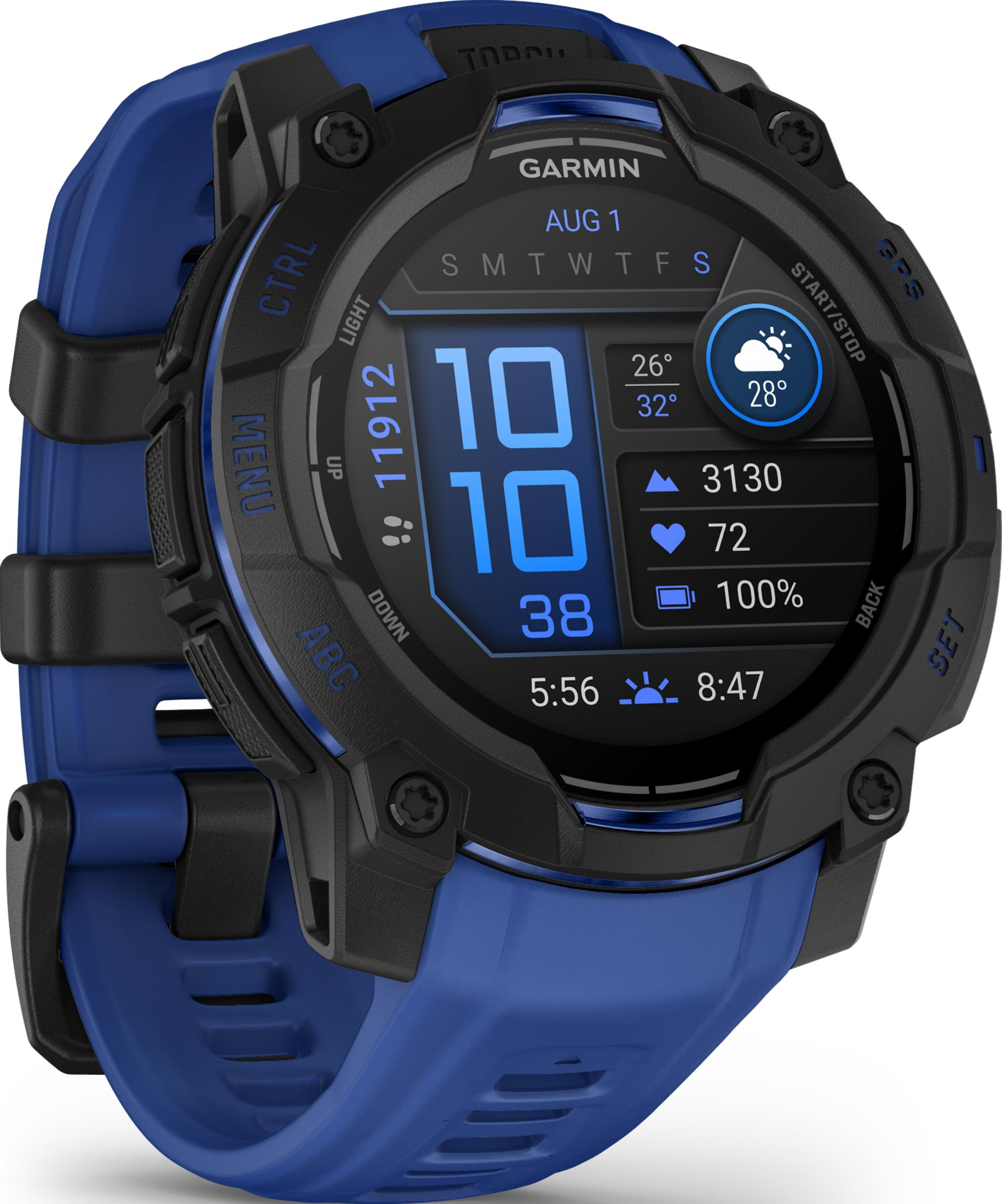 Eine blaue und schwarze Garmin Smartwatch mit detailliertem Display.