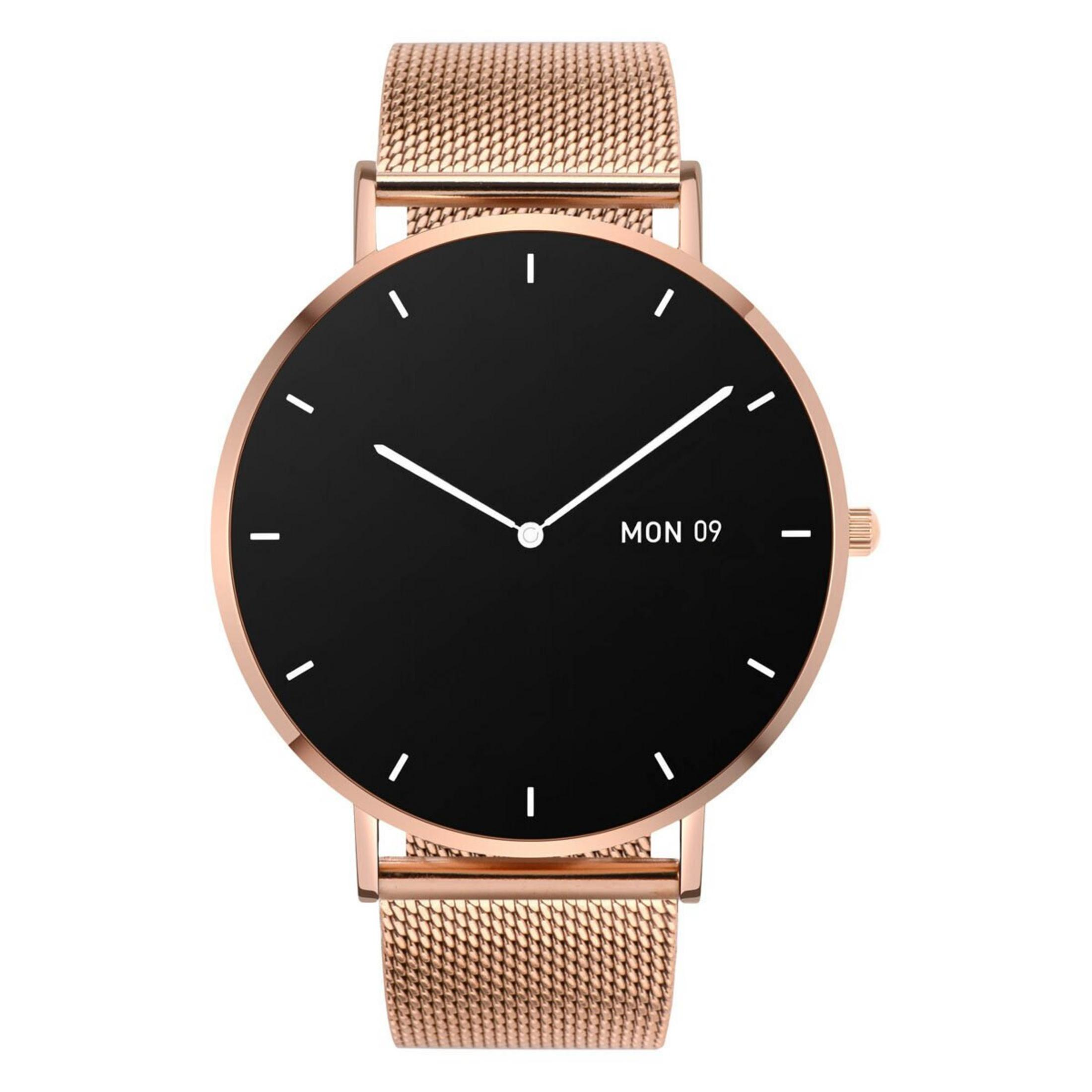 Une montre connectée or rose avec cadran noir et bracelet en maille.