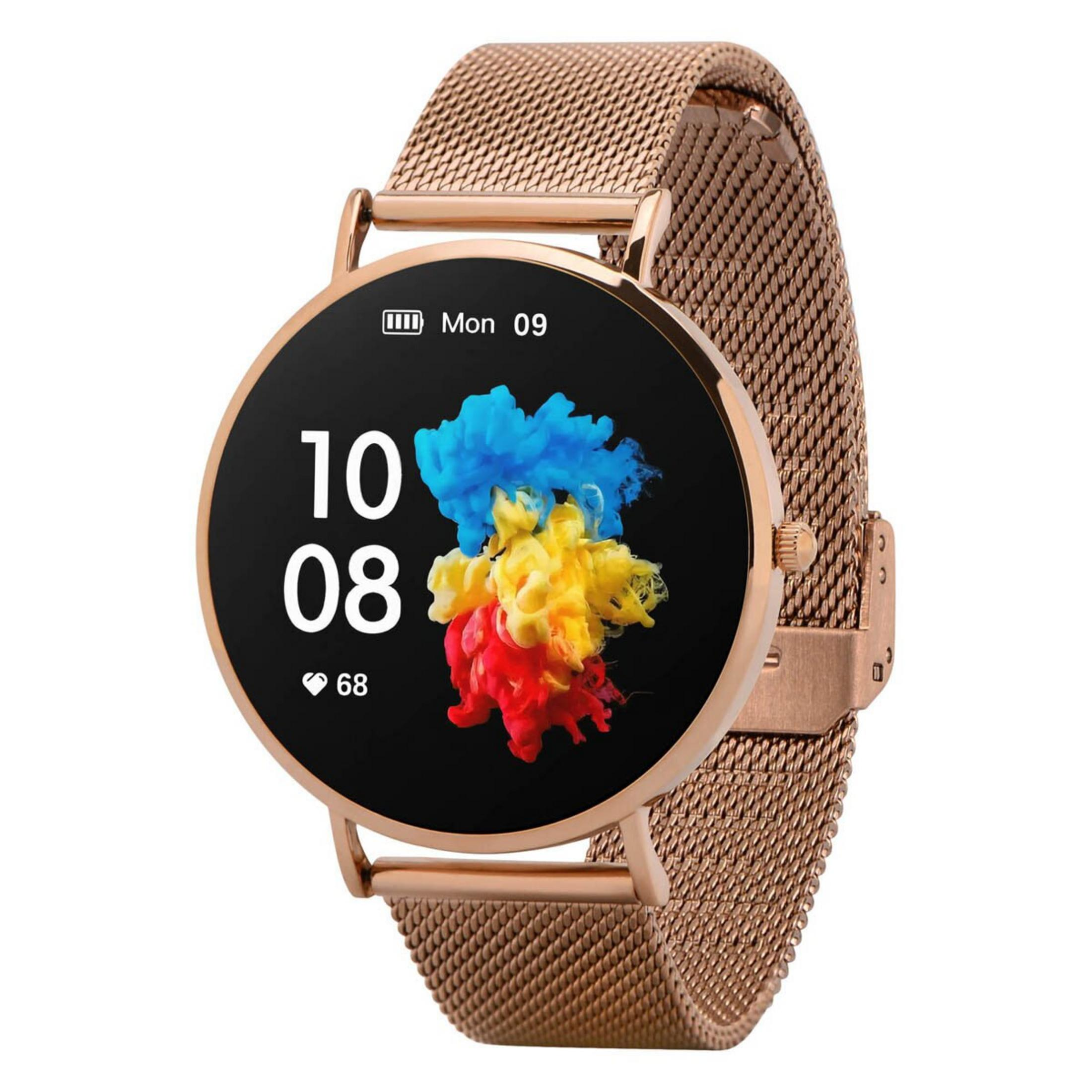 Montre connectée or rose avec écran noir affichant de la fumée colorée et l'heure 10:08.