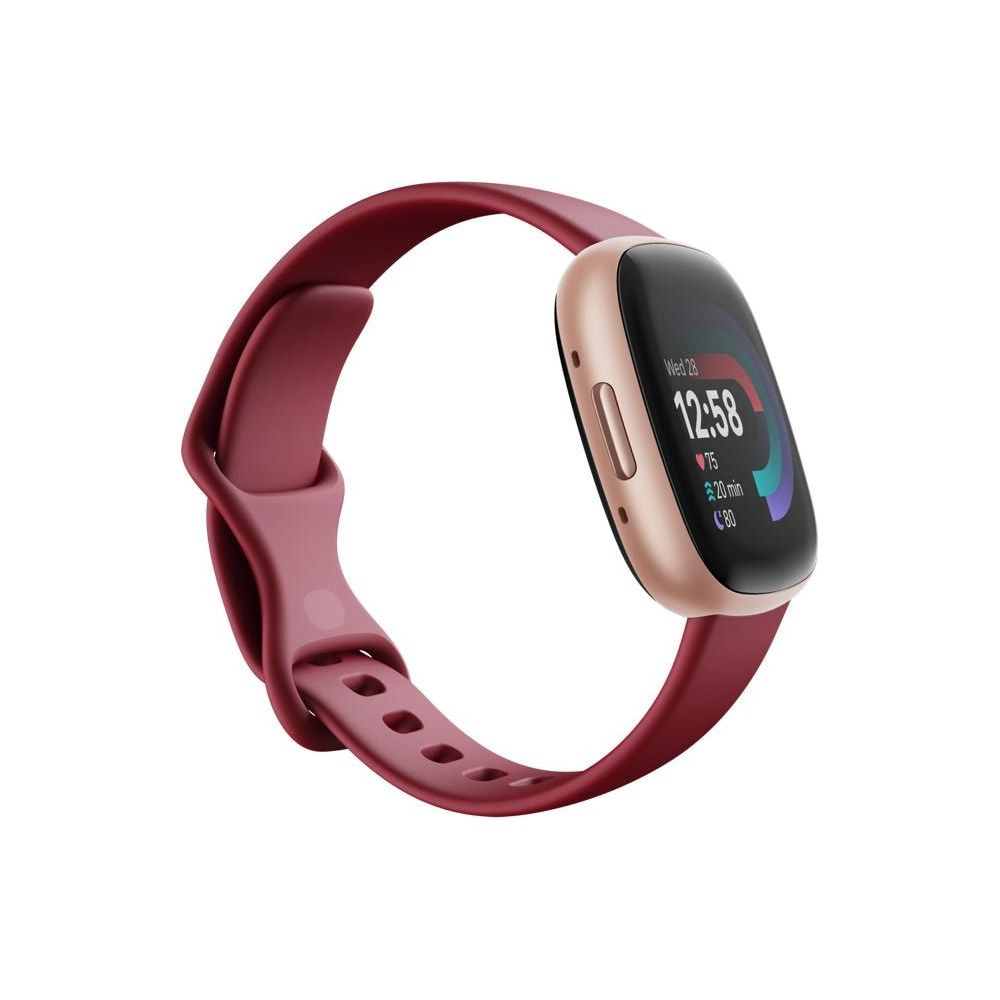 Zegarek smartwatch w kolorze różowego złota z bordową bransoletą. Jest 12:58.