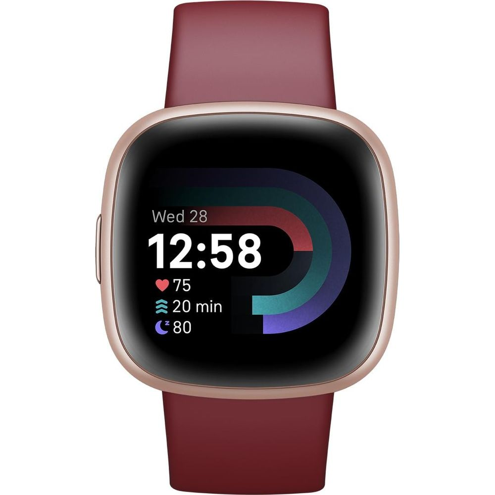 Cyfrowy smartwatch z burgundową bransoletą i kopertą w kolorze różowego złota. Godzina: 12:58.