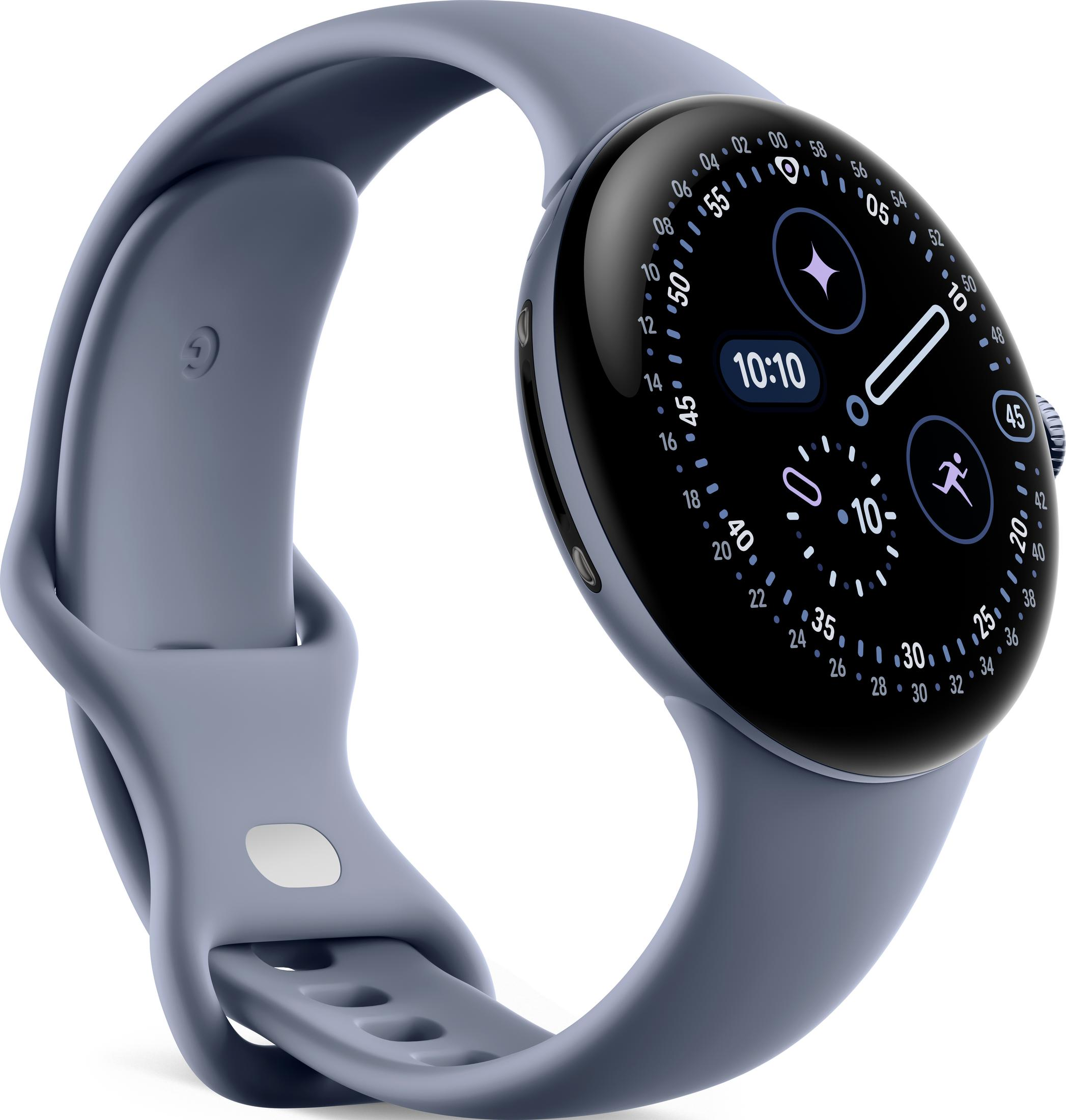 Szara inteligentna opaska z okrągłym wyświetlaczem pokazującym 10:10.