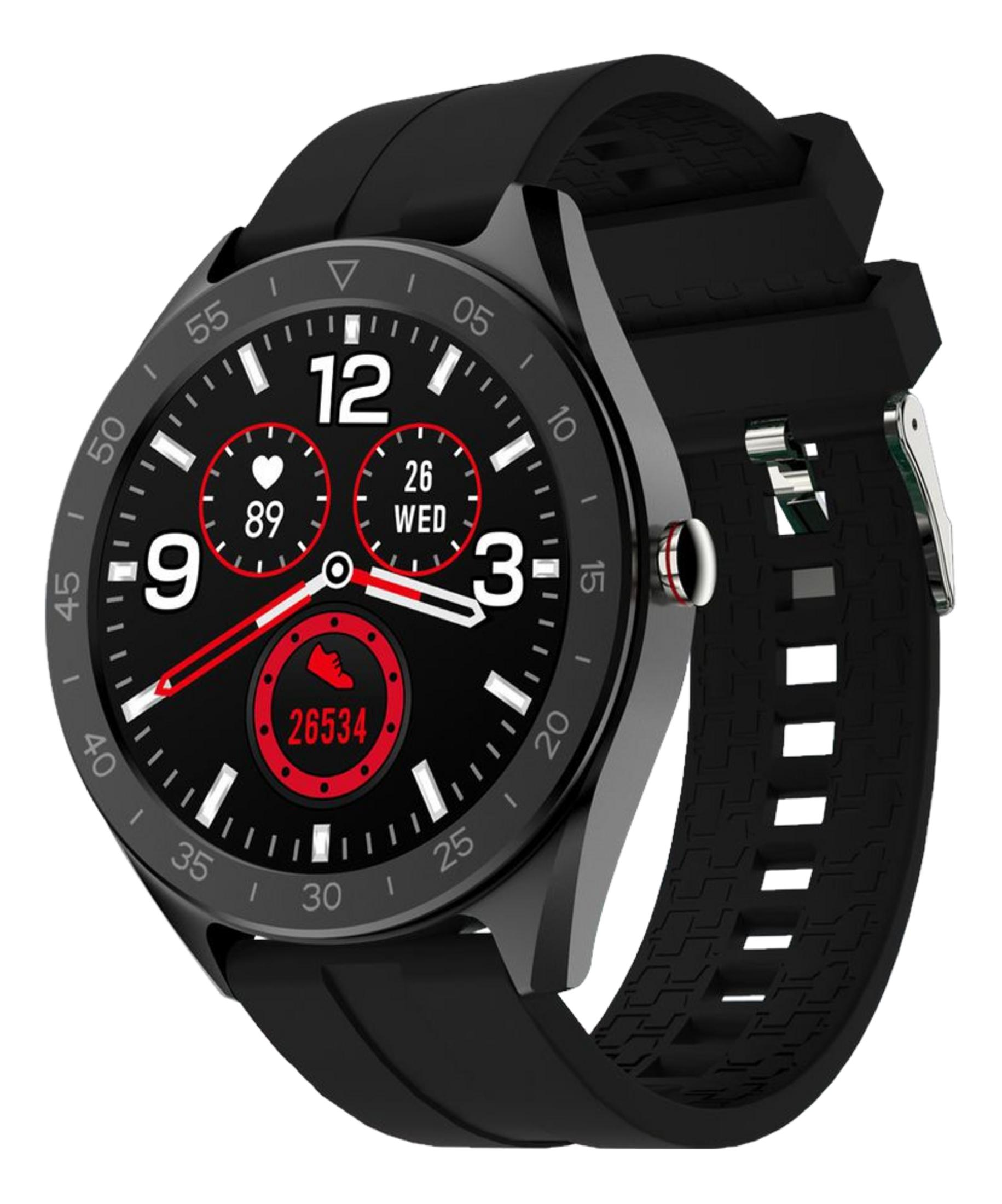 Smartwatch nero con display rosso per battito cardiaco e contapassi.