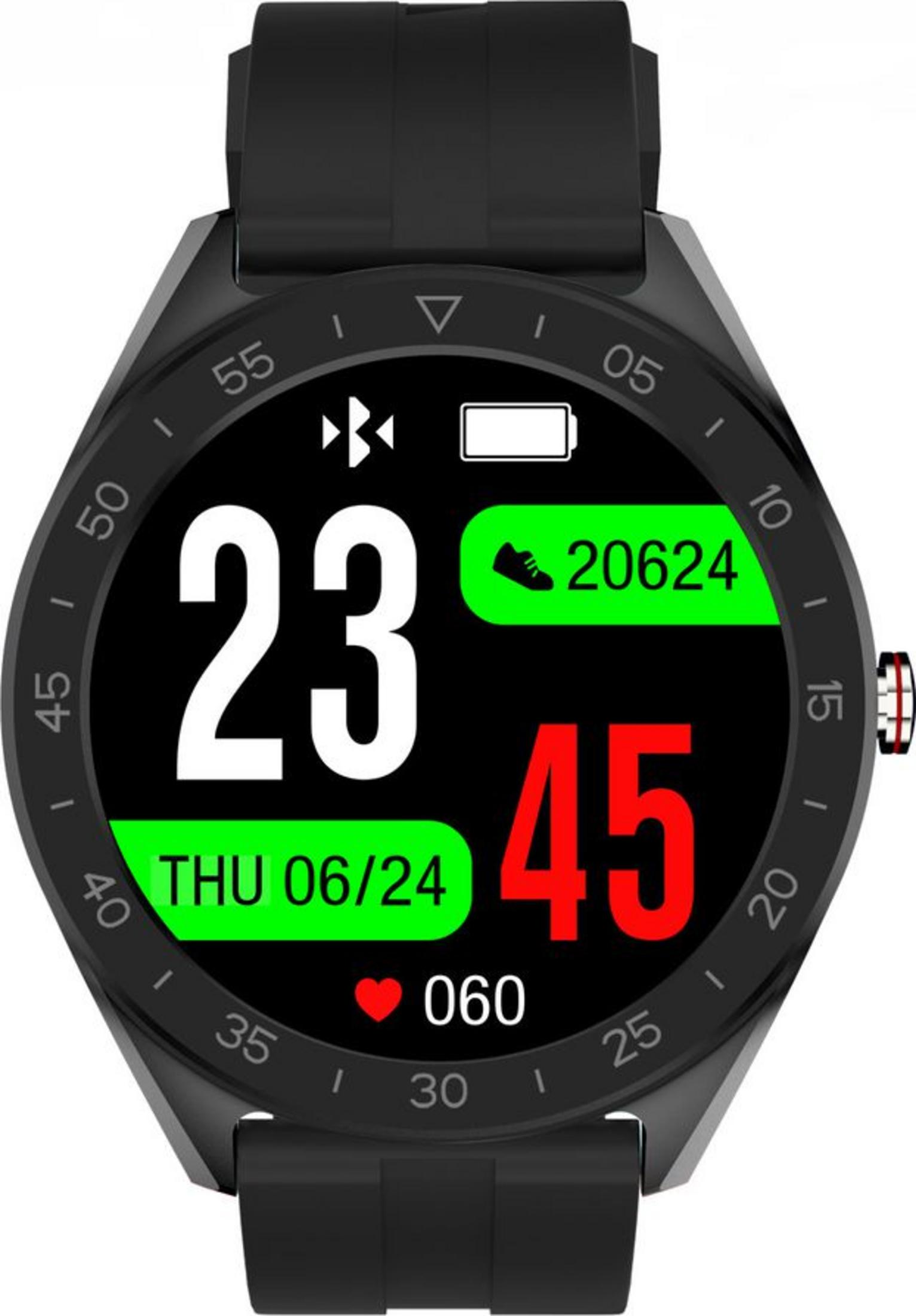 Uno smartwatch nero con cinturino nero. Mostra 23:45, 20624 passi e data 06/24.