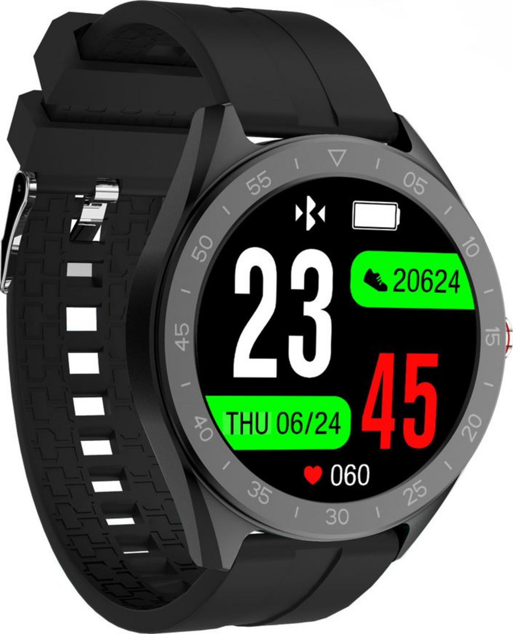 Smartwatch nero con quadrante: ore 23, 20624 passi, data.