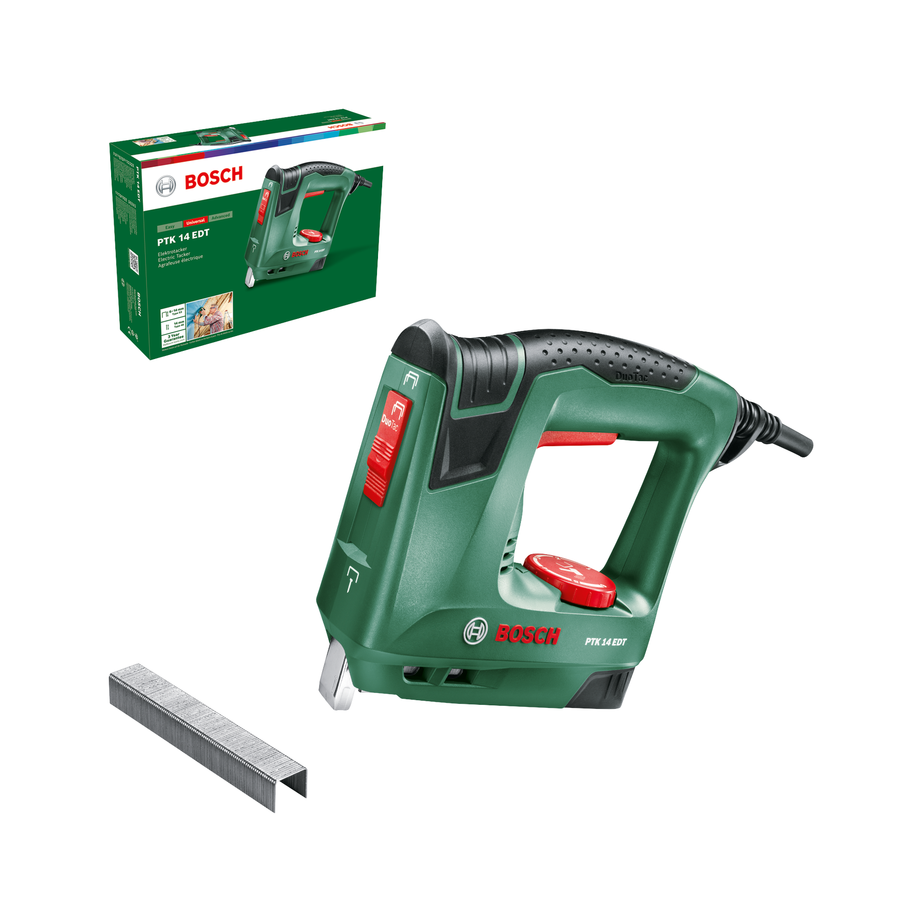 Una engrapadora eléctrica Bosch verde con grapas y embalaje.