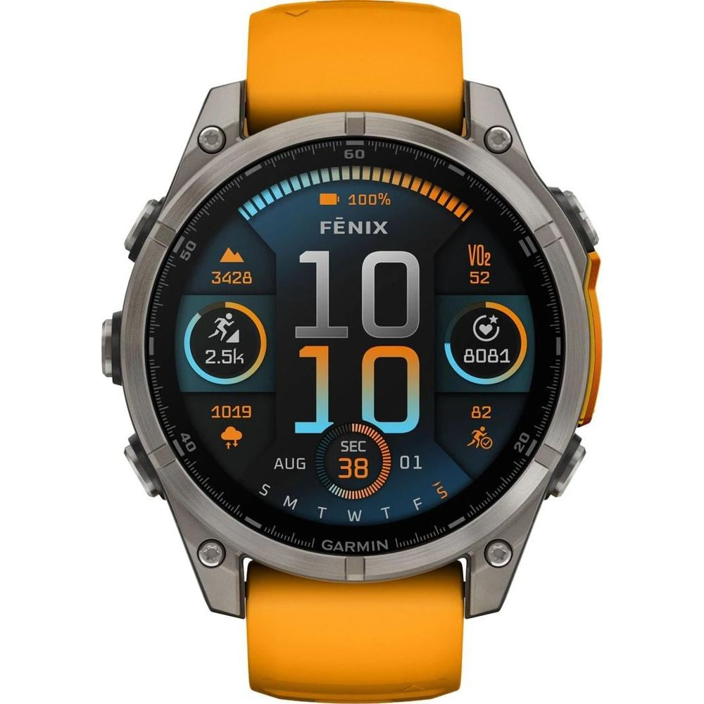 Pomarańczowy smartwatch Garmin Fenix wyświetla różne dane treningowe na ekranie.
