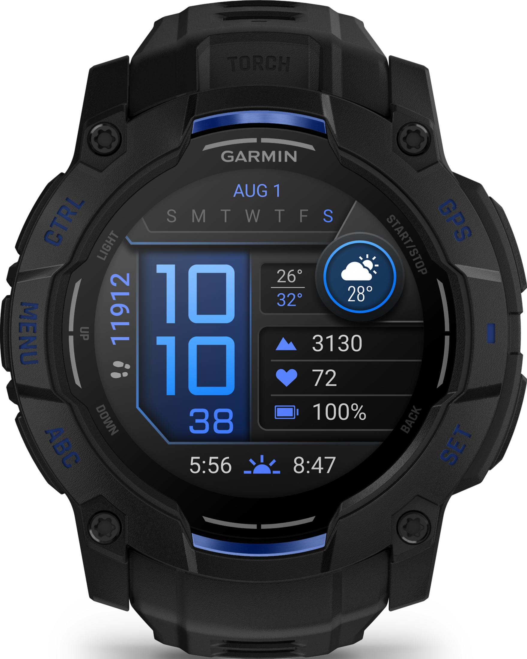 Un reloj inteligente negro con pantalla azul muestra hora, clima y datos de fitness.