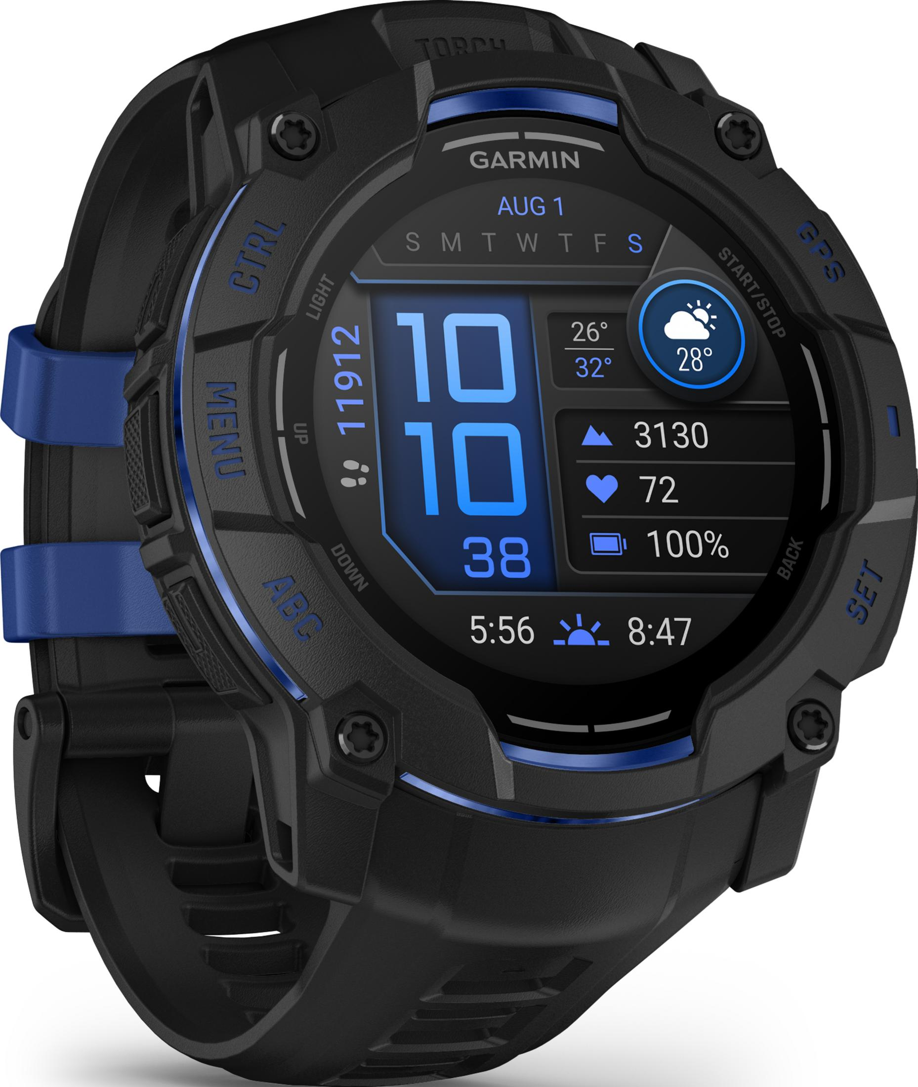 Reloj inteligente negro con correa azul, muestra fecha, hora, clima y ritmo cardíaco.