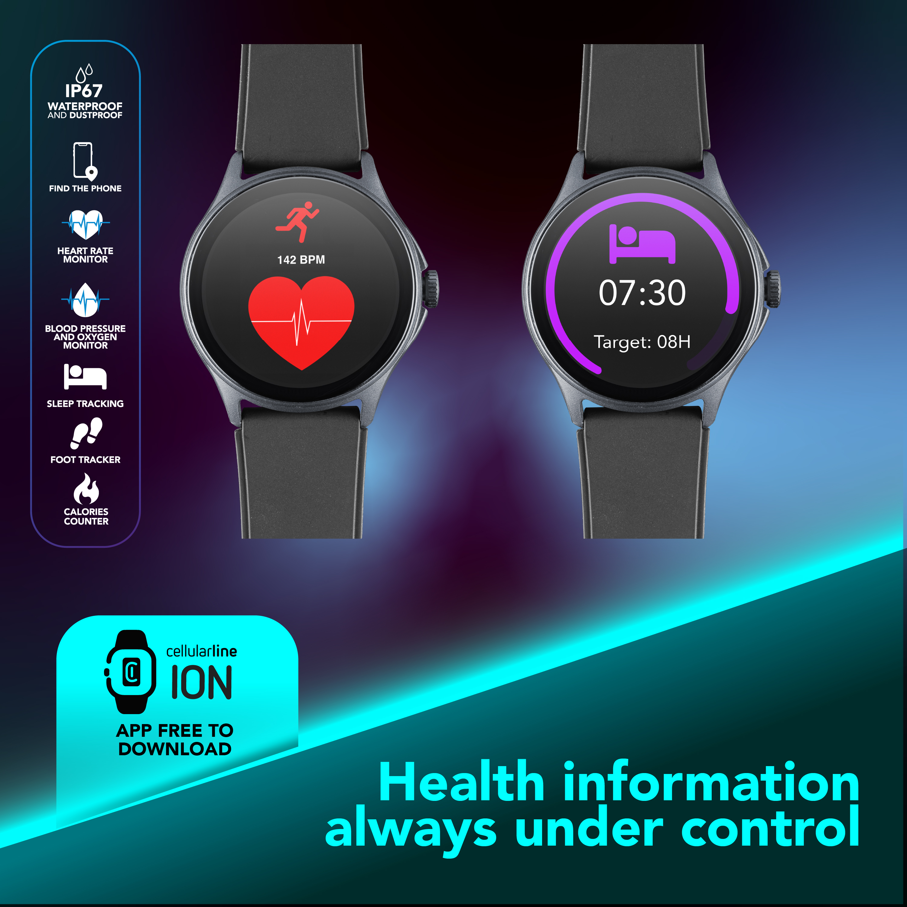 Zwei Smartwatches: Links mit Herzfrequenzanzeige, rechts mit Schlafziel.