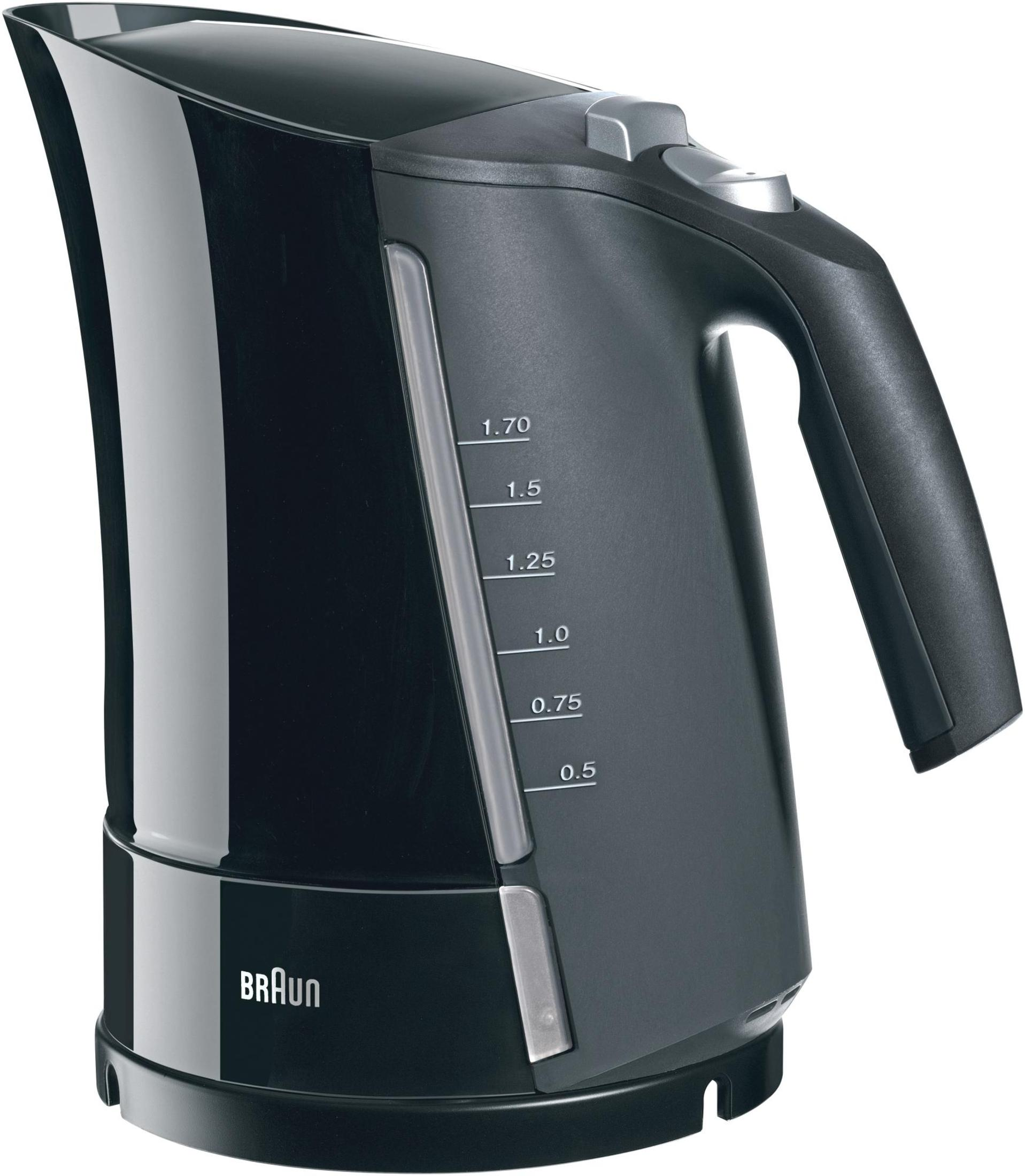 Een zwarte Braun waterkoker met handvat en waterniveau-indicator.