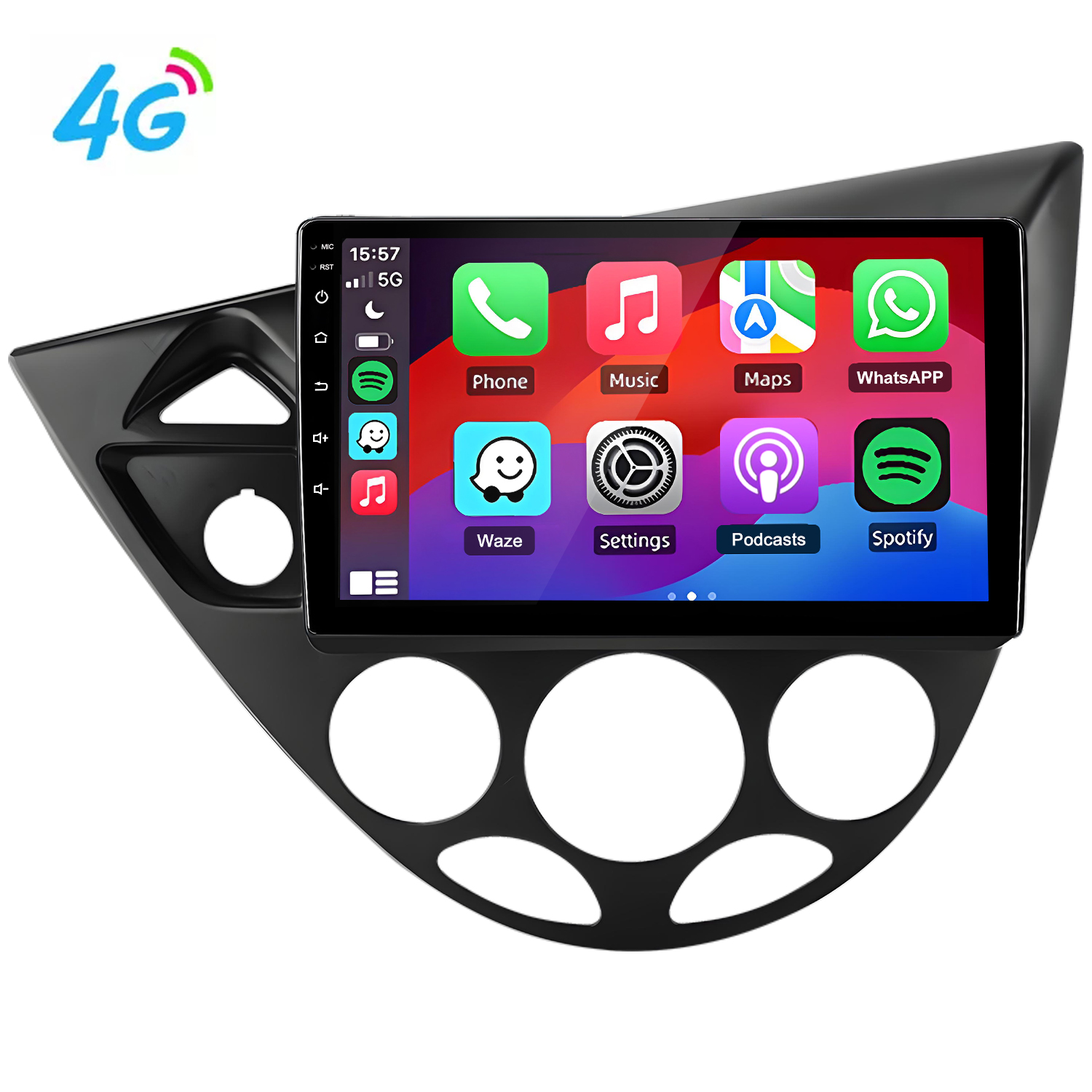 Sistema di infotainment per auto con logo 4G e icone app come Telefono, Musica e Mappe.