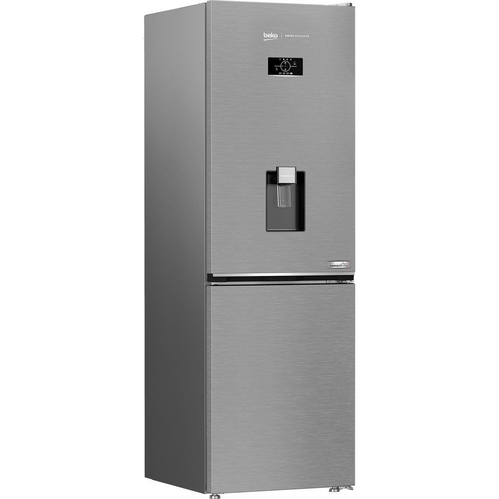 Frigorifero grigio con dispenser d'acqua e display digitale.