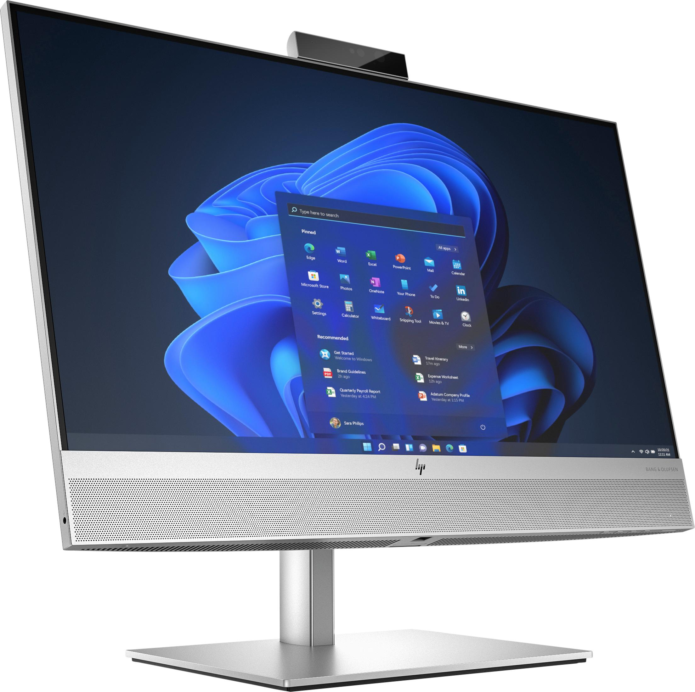 Ein silberner HP All-in-One-Computer mit einem blauen Windows 11-Hintergrund.