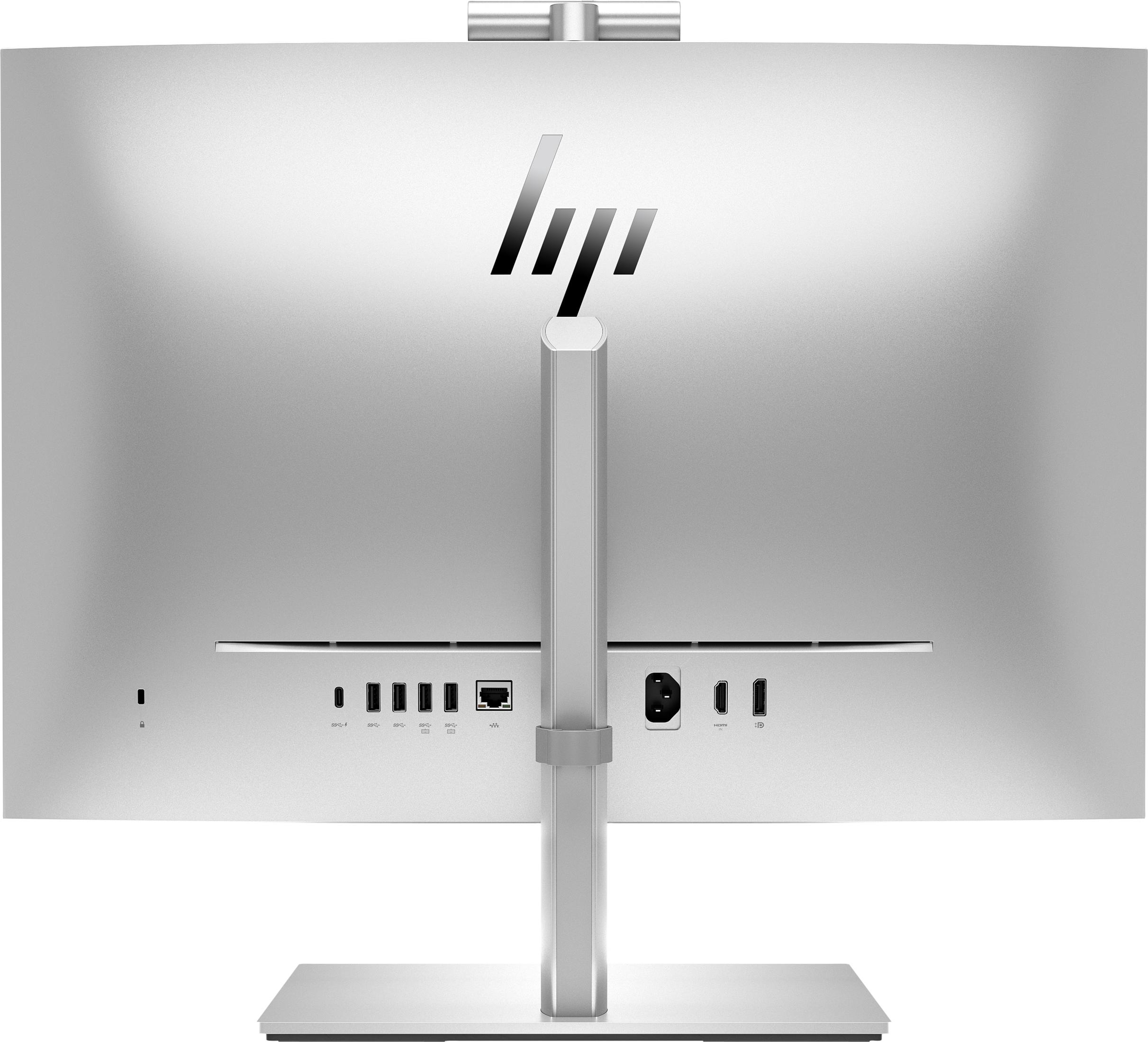 Silberner HP All-in-One PC mit Anschlüssen und dem HP-Logo auf der Rückseite.