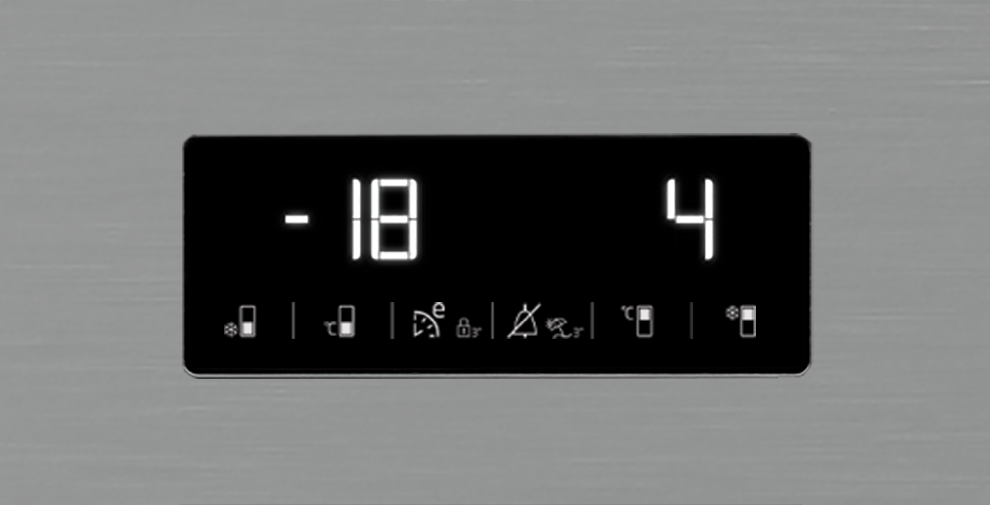 Display digitale mostra -18 gradi Celsius e 4 gradi Celsius con icone.