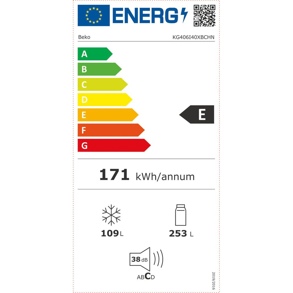 Etichetta energetica: Beko, Classe E, 171 kWh/anno, 109L congelatore, 253L frigorifero, 38 dB.