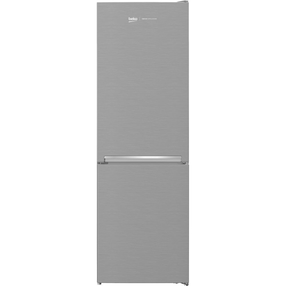 Un frigorifero argento autoportante a due porte con logo Beko.