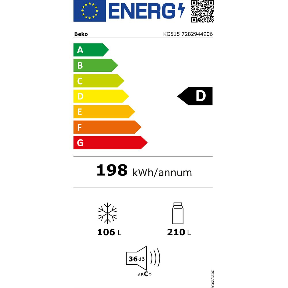 Energielabel für Beko KG515: Energieeffizienzklasse D, 198 kWh/Jahr, 106L Gefrierfach, 210L Kühlfach, 36dB Lautstärke.
