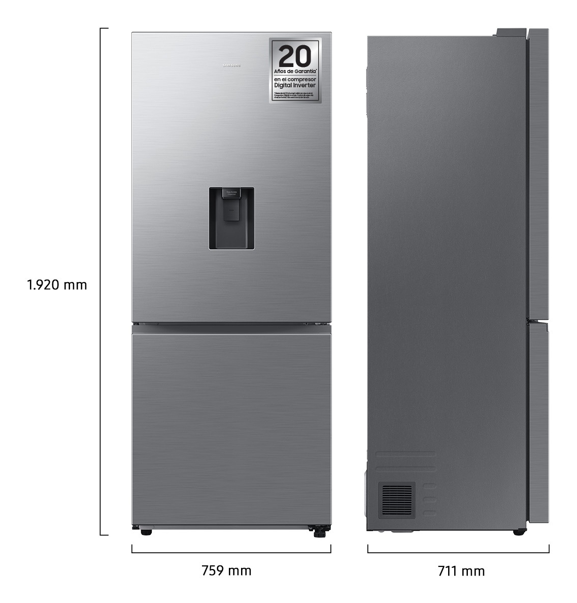 Grijze koelkast met waterdispenser en garantie-sticker. Afmetingen: 1,92m H, 0,76m B, 0,71m D.