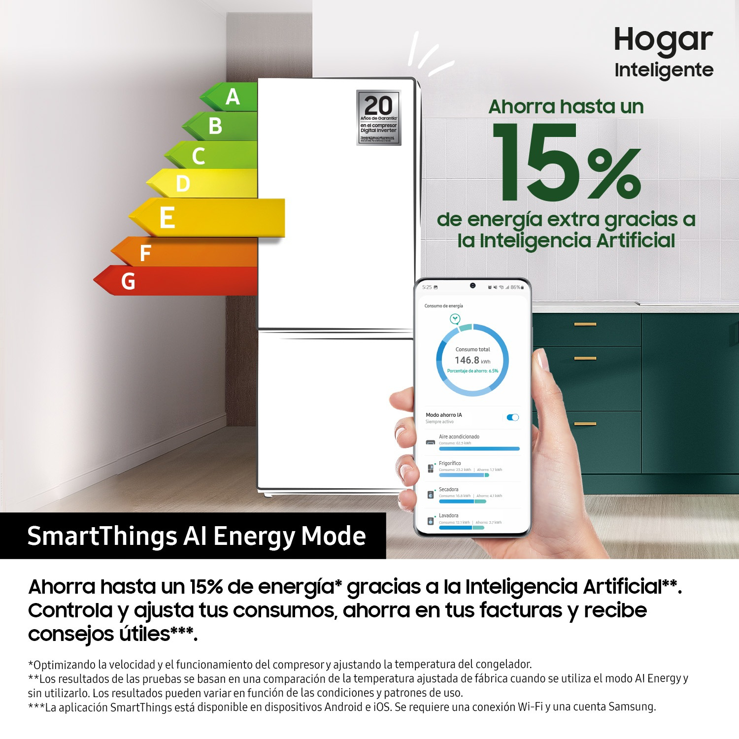 Een koelkast met energielabel (A-G) en een smartphone die het energieverbruik toont.