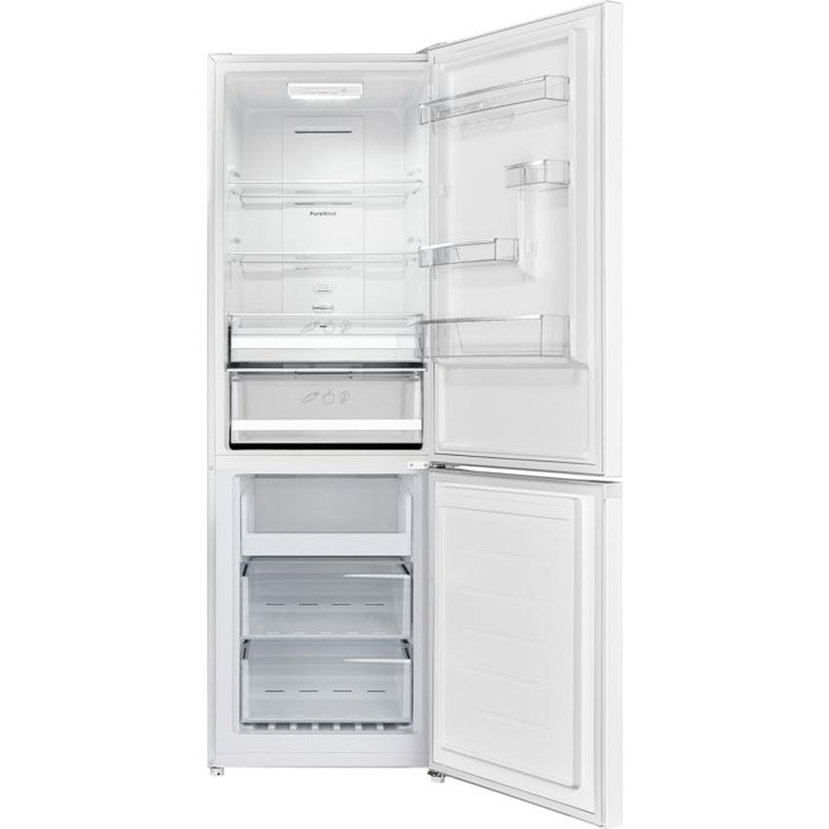 Ein weißer Kühlschrank mit geöffneter Tür und mehreren Regalen und Schubladen.