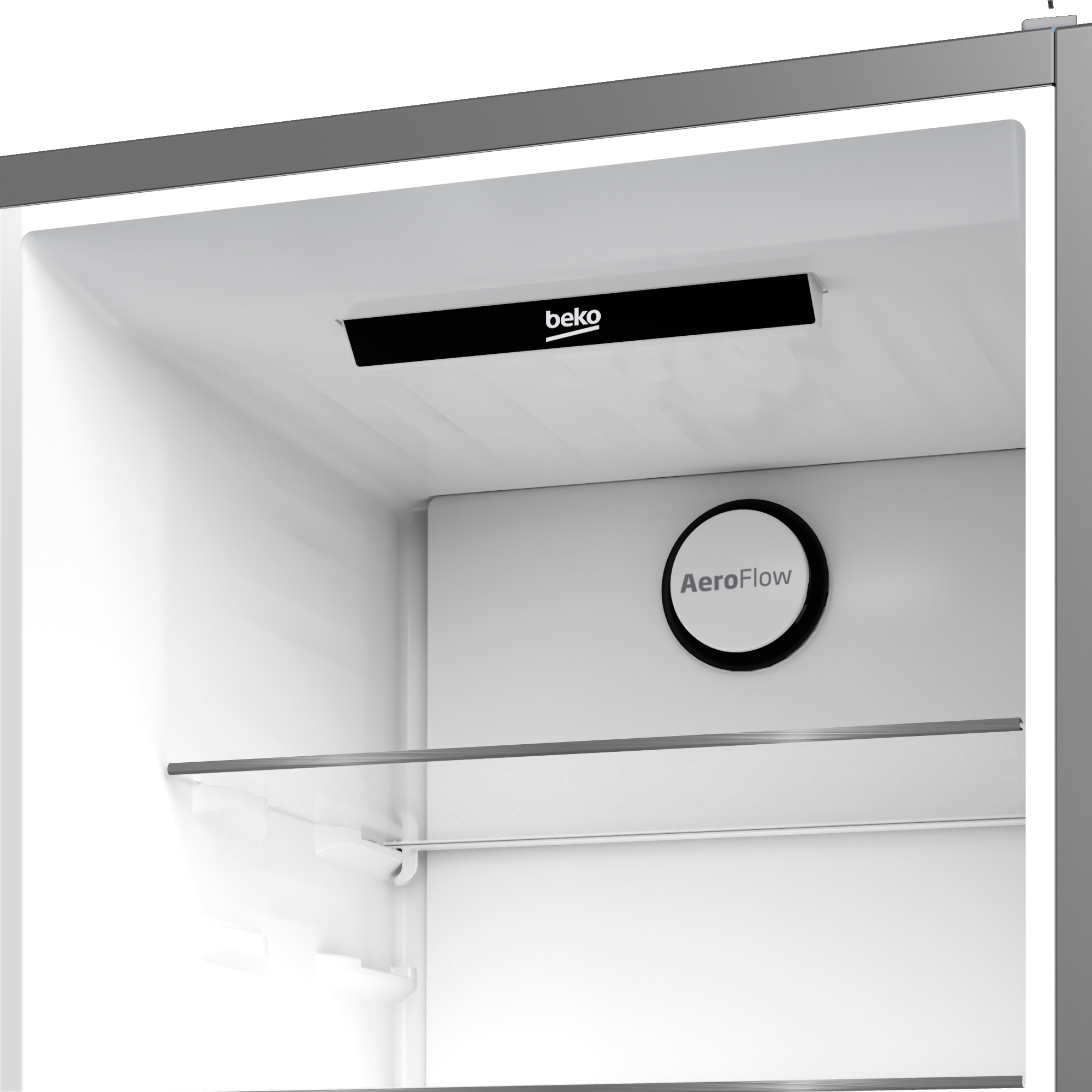 Interno di un frigorifero con logo Beko ed etichetta AeroFlow.
