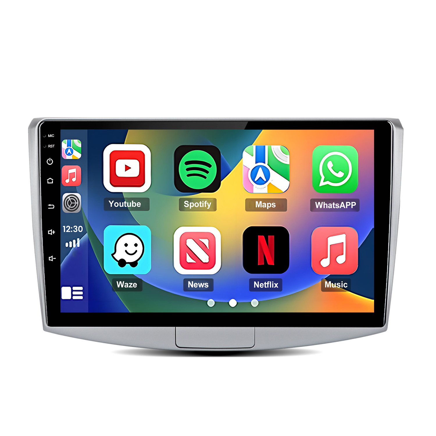 Un touchscreen per autoradio mostra icone di app come YouTube, Spotify, Maps, WhatsApp.