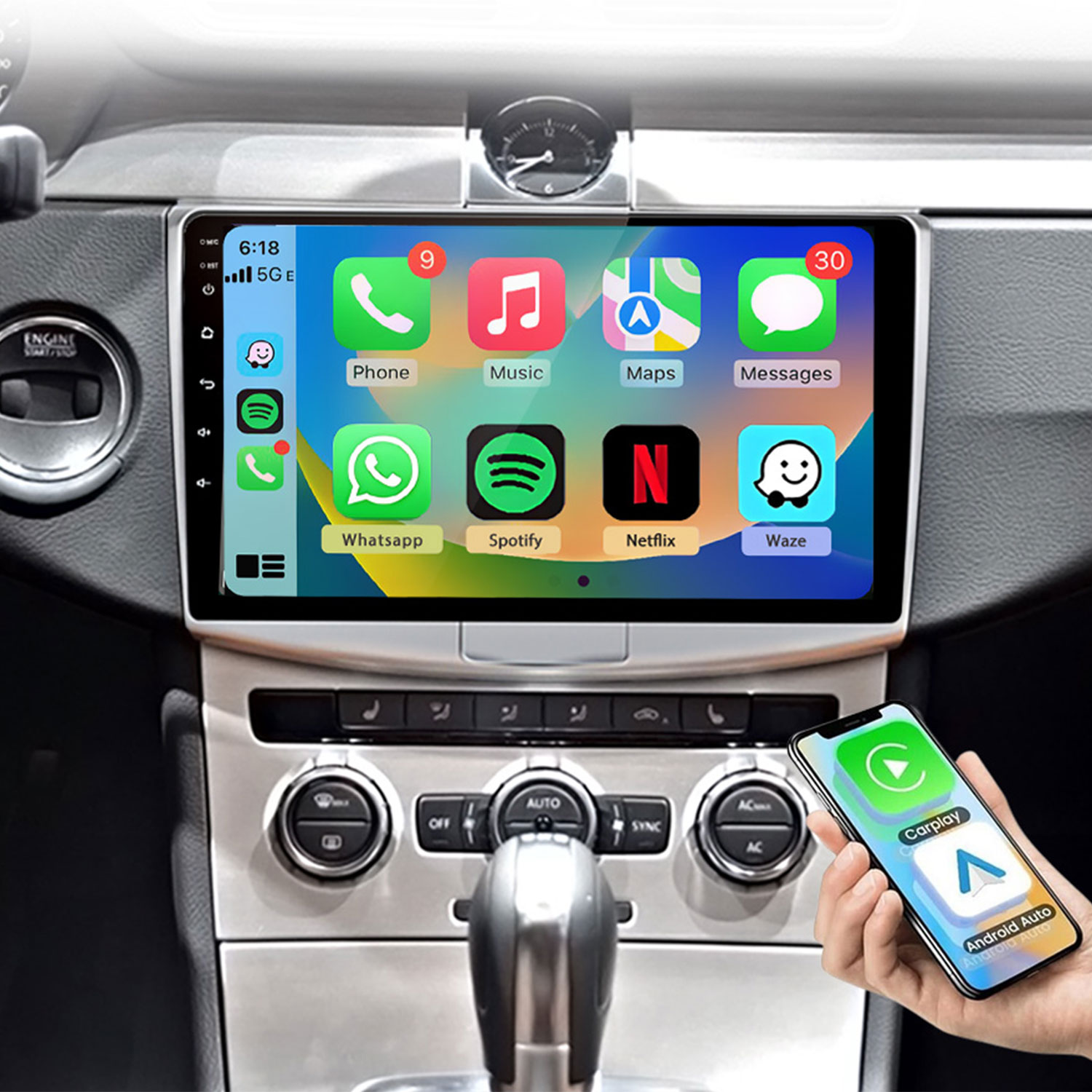 System infotainment samochodu wyświetlający ikony aplikacji i smartfon z CarPlay/Android Auto.