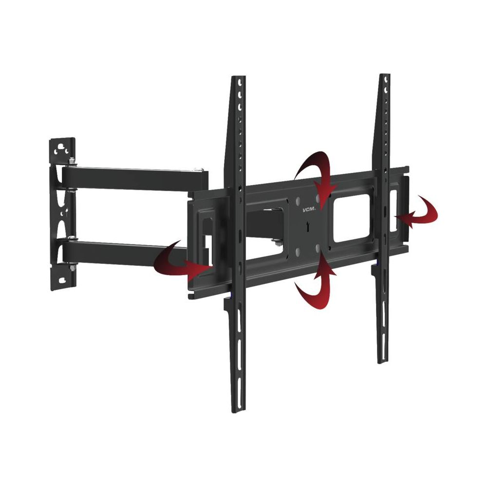 Schwarze Wandhalterung mit verstellbarem Arm und roten Pfeilen, die Bewegung anzeigen.