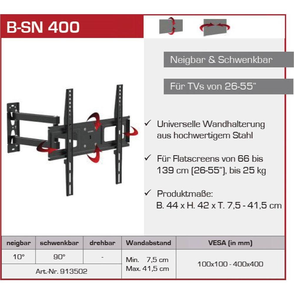 Schwarze TV-Wandhalterung B-SN 400 mit verstellbaren Armen und VESA-Maßen.