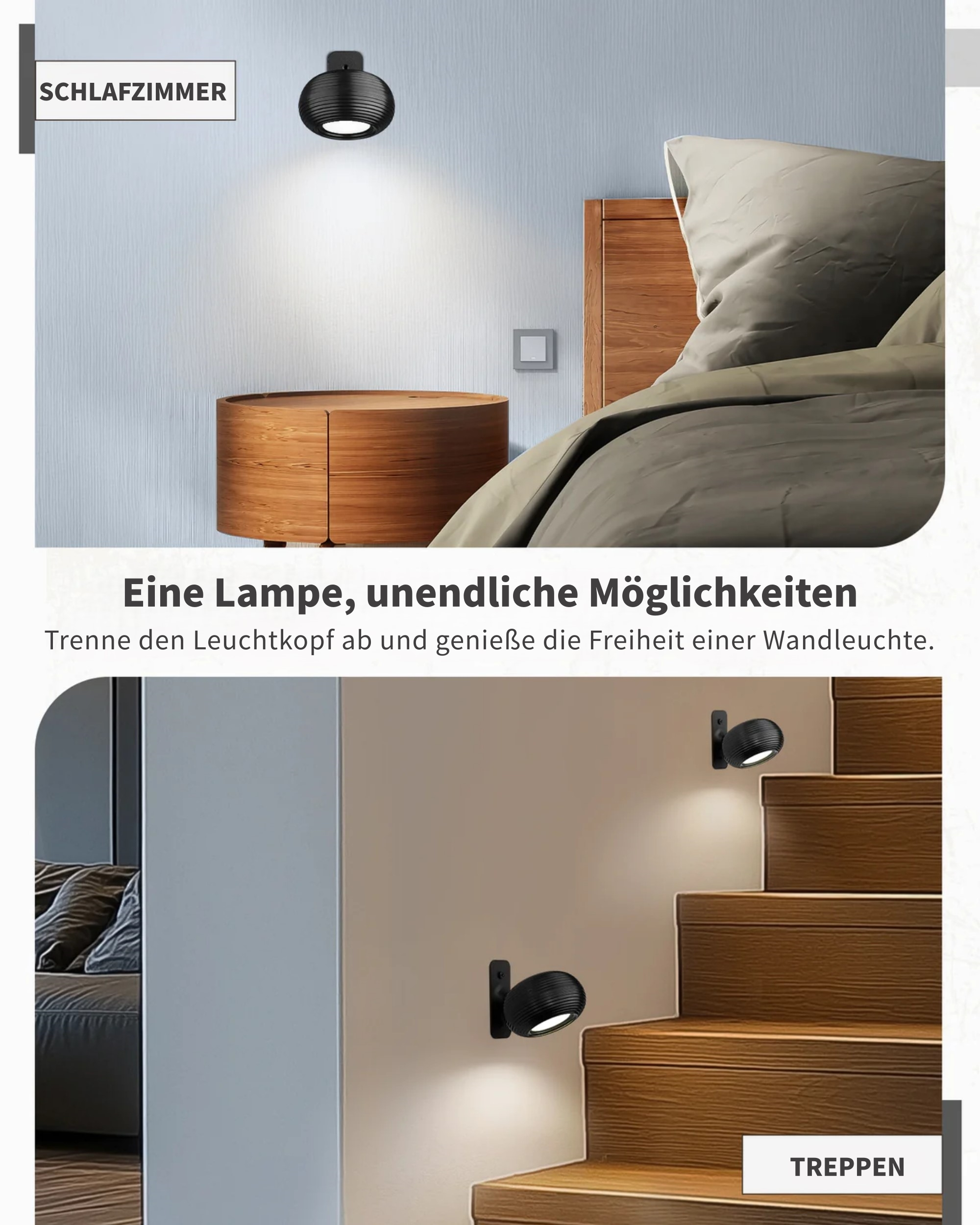 Ein Nachttisch mit Lampe im Schlafzimmer und eine Lampe an einer Treppe.