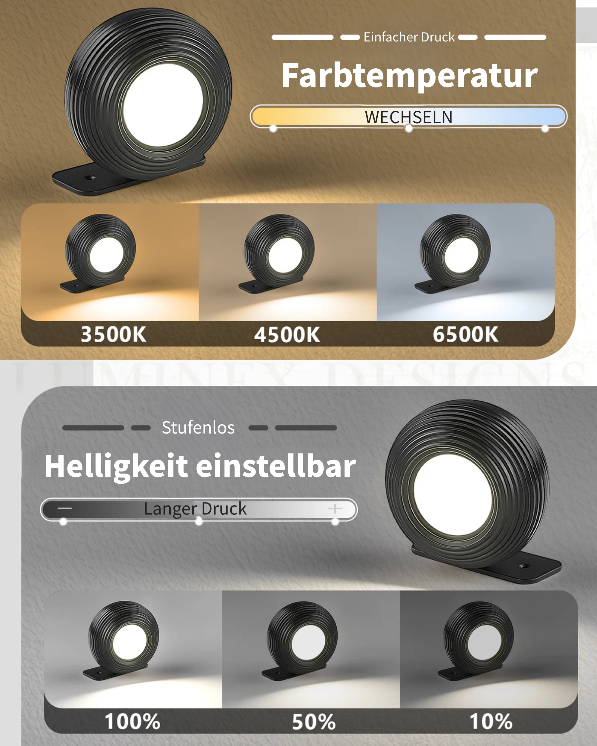 Ein schwarzer runder Lampe mit einstellbarer Farbtemperatur und Helligkeit.