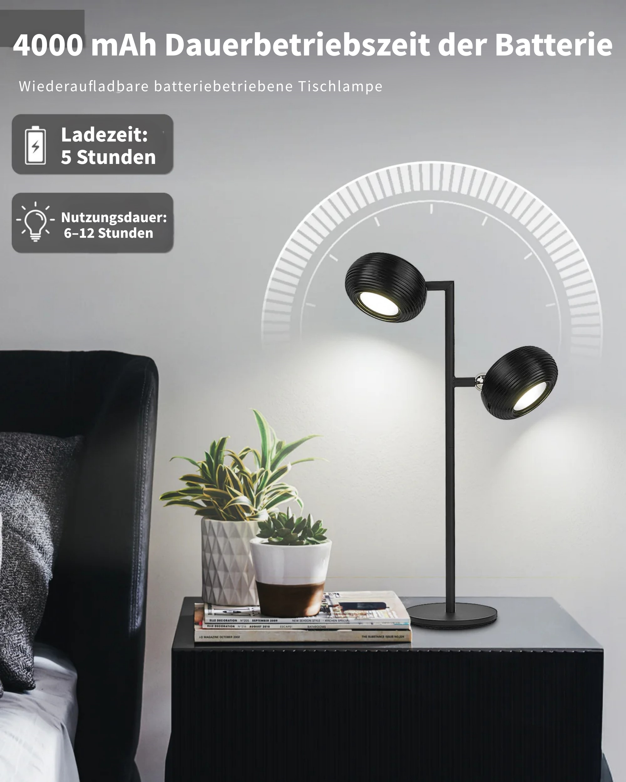 Schwarze Schreibtischlampe mit zwei Leuchten, Ladezeit 5 Std., Nutzungsdauer 6-12 Std.