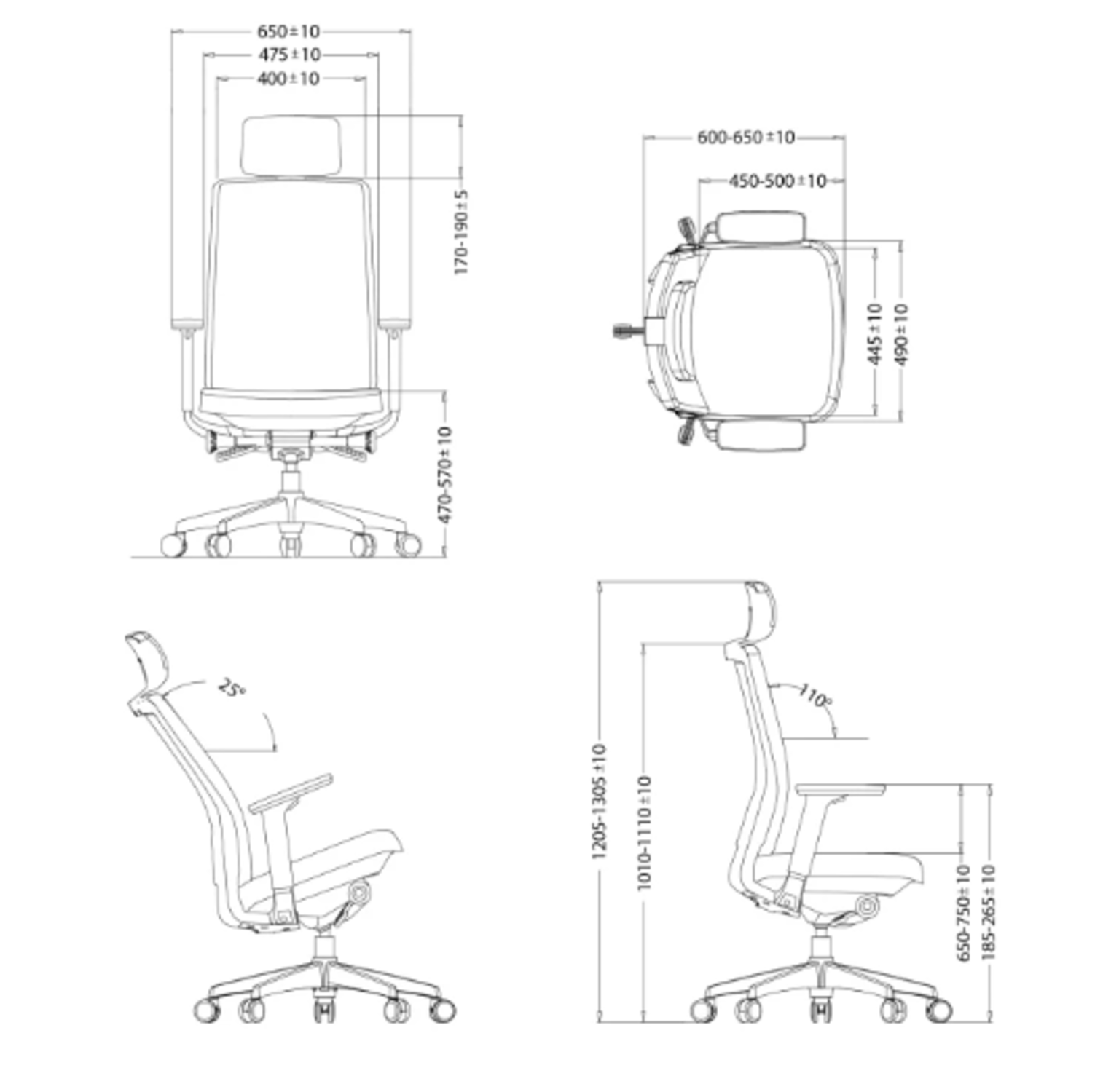 Rysunek techniczny krzesła biurowego z wymiarami w czterech widokach.