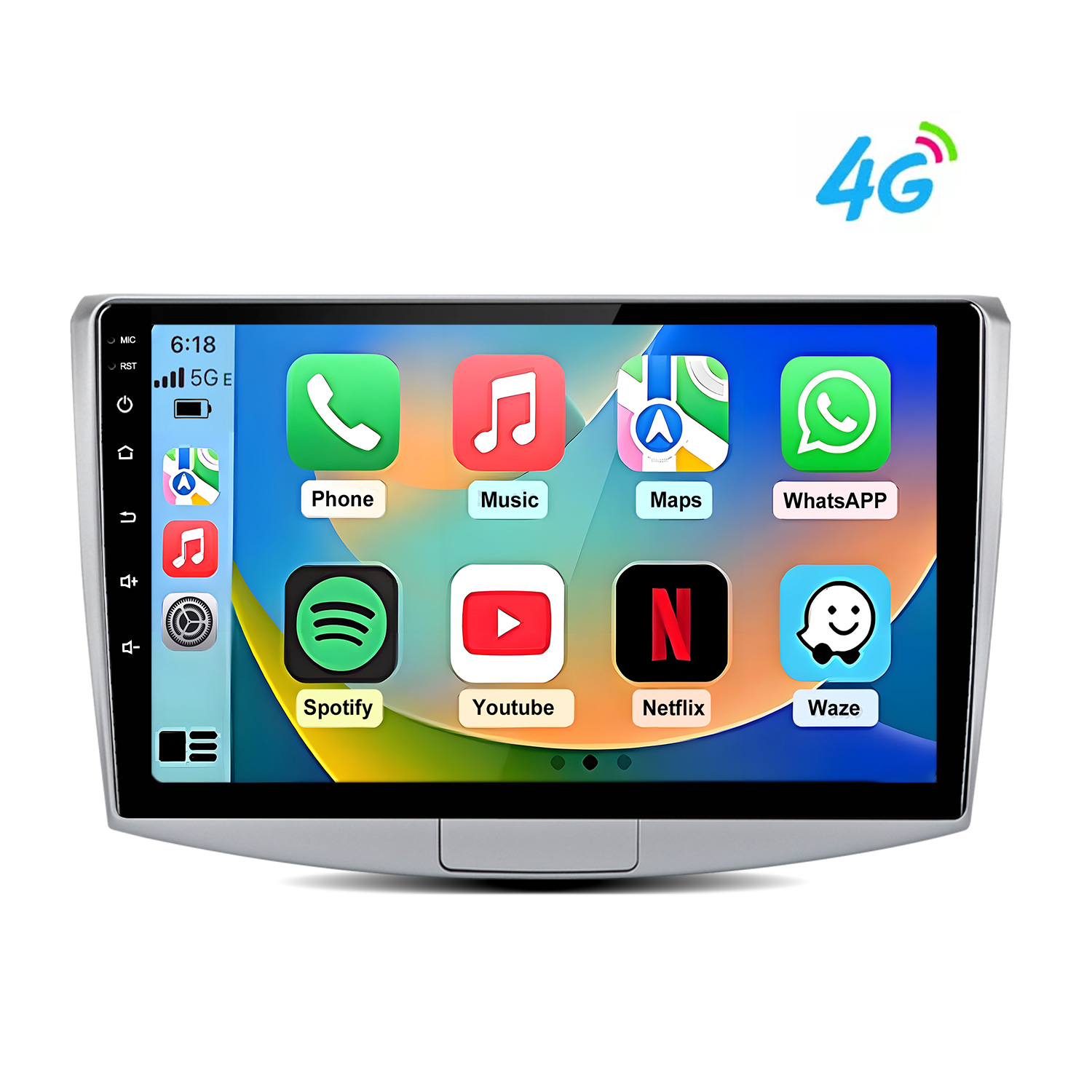 Ekran radia samochodowego z ikonami aplikacji: Telefon, Muzyka, Mapy, WhatsApp, Spotify, Youtube, Netflix, Waze.