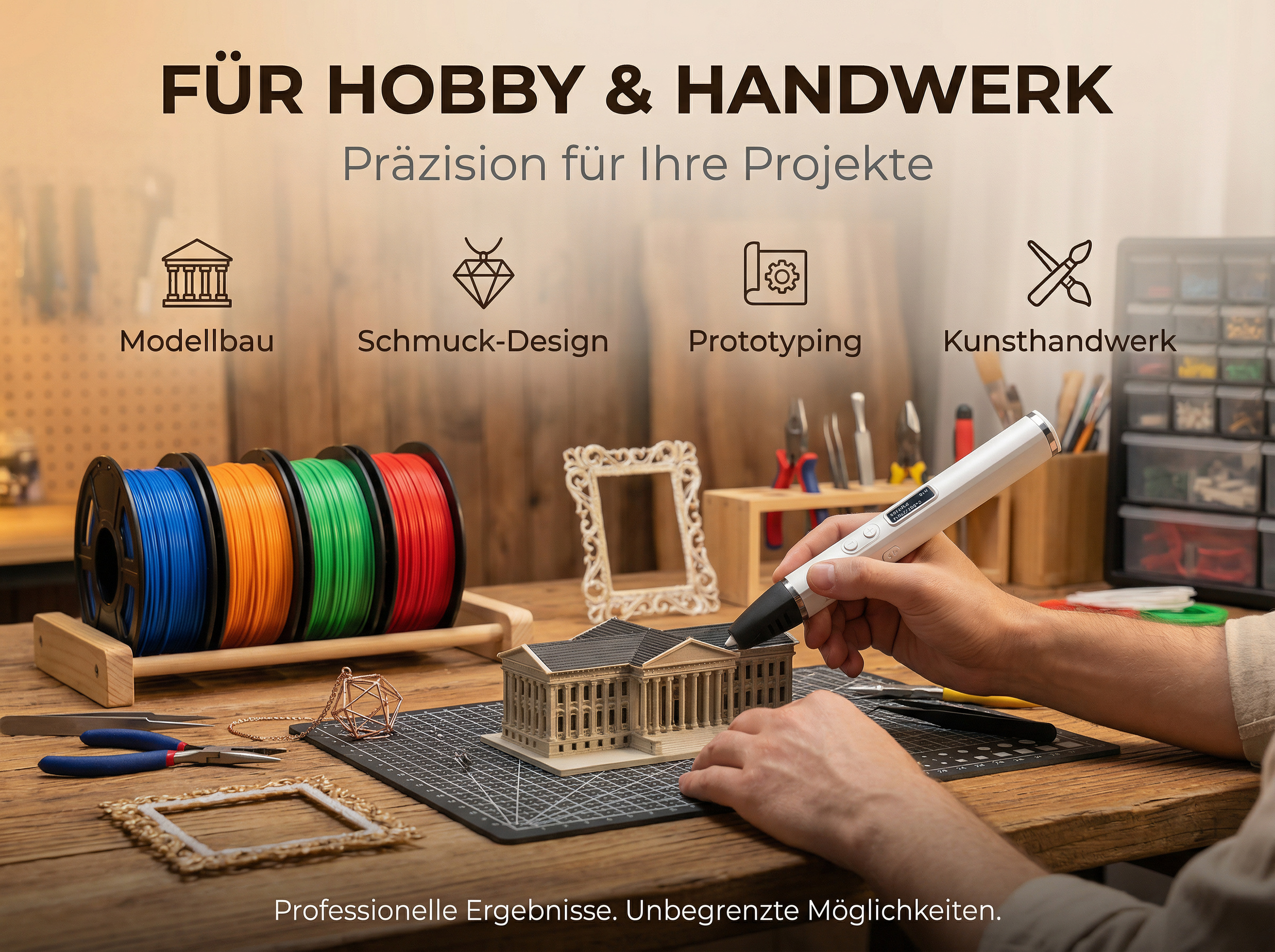 Hobby und Handwerk: 3D-Stift, Filamentrollen, Modell und Werkzeuge auf Holztisch.