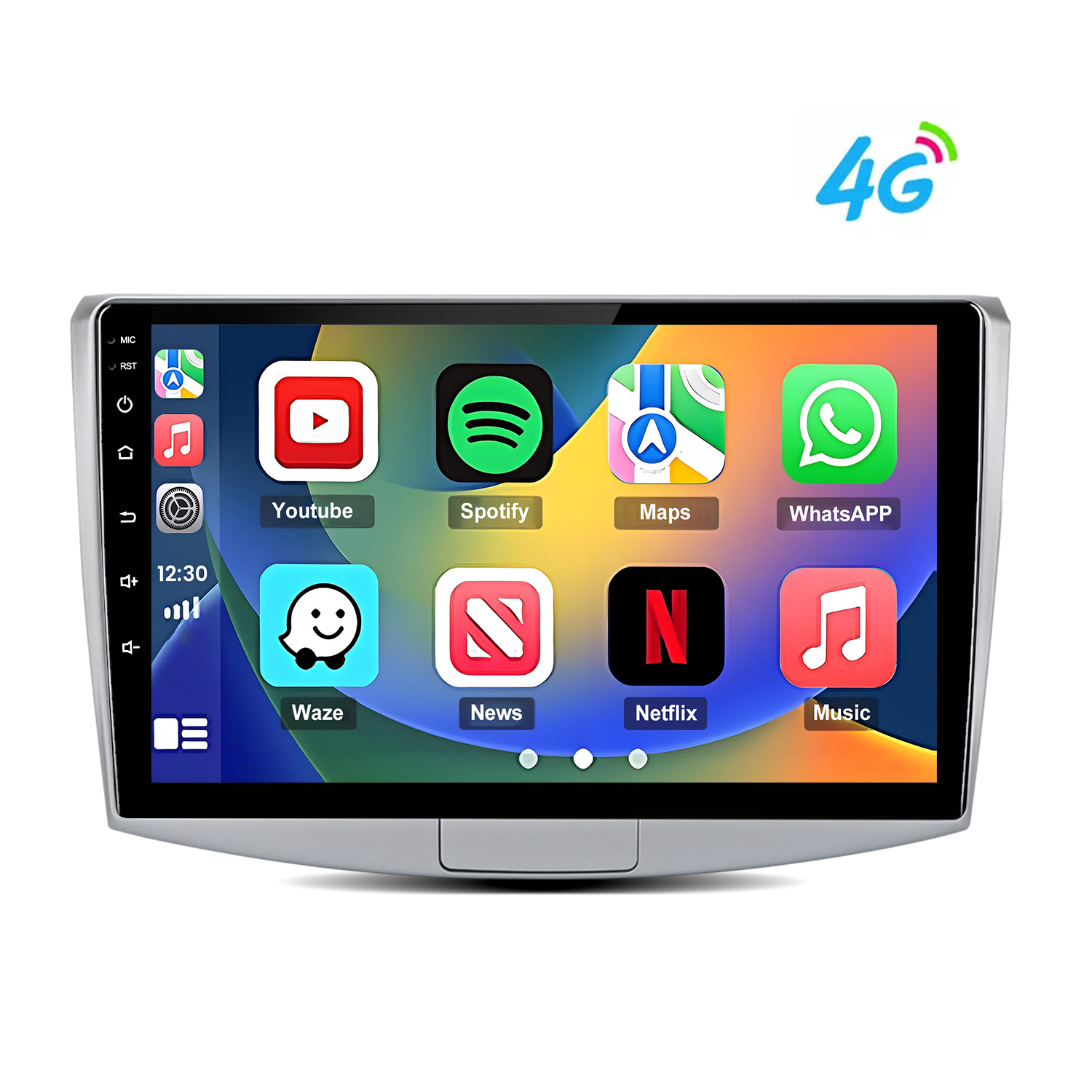 Una pantalla táctil de radio de coche muestra apps como YouTube, Spotify, Maps, WhatsApp, Waze, News, Netflix y Música.